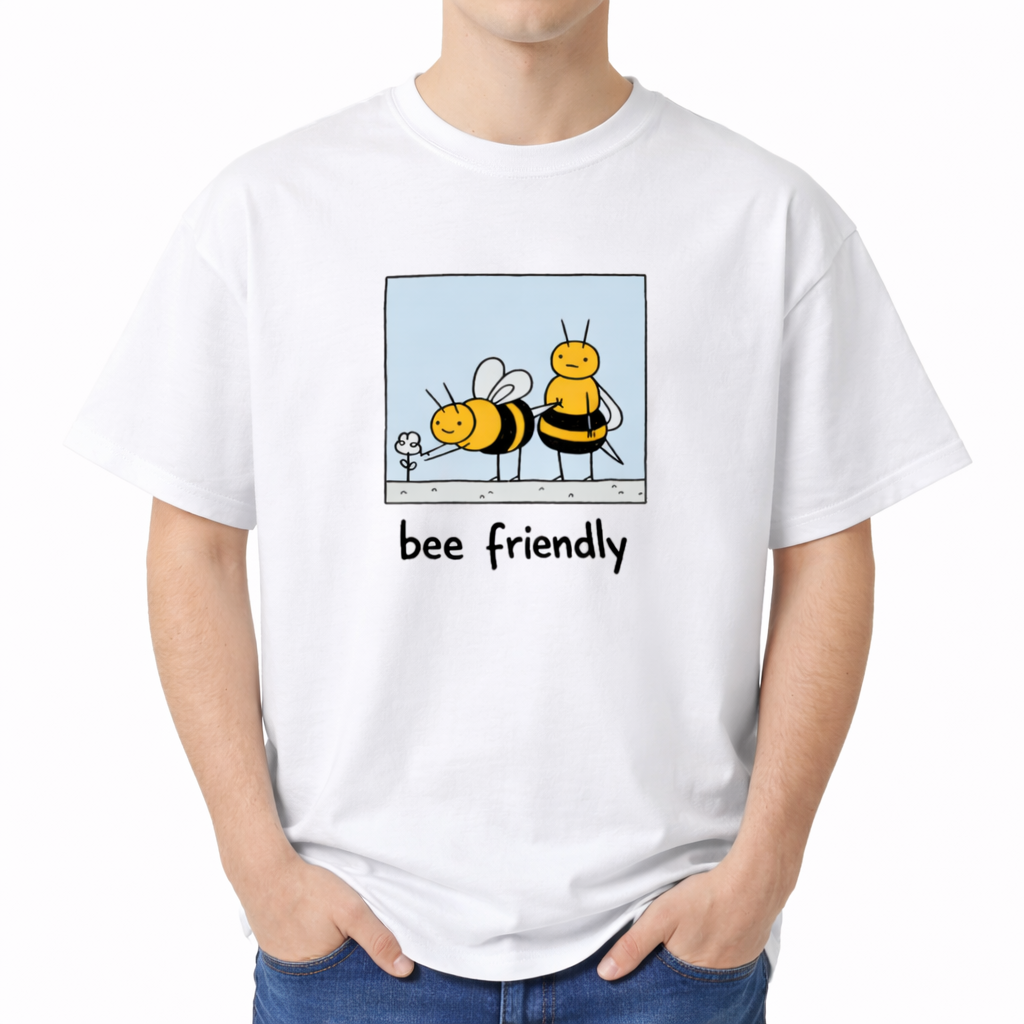 White t-shirt with bee-themed design and 'bee friendly' text on a white background. The center chest features a hand-drawn cartoon graphic inside a light blue square border. Inside, two cute, chunky bees are drawn in a simple style. One bee is leaning forward to touch a tiny flower, while the other bee stands behind it with a blank, funny expression. Below the square graphic, the text reads "bee friendly" in a playful, casual black font.