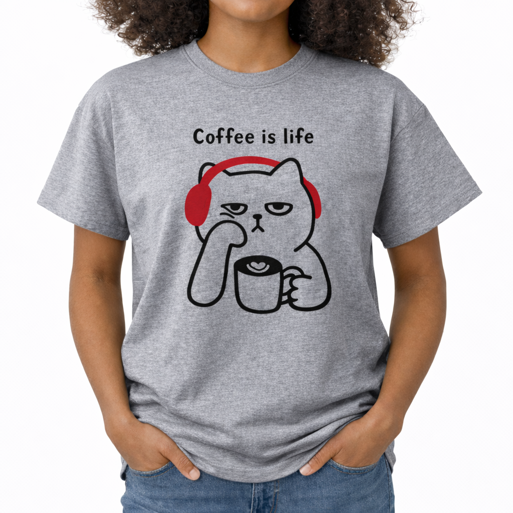 Person wearing a gray t-shirt with a cat graphic and 'Coffee is life' text. The center chest features a black line-art graphic of a grumpy-looking cat wearing bright red headphones. The cat is resting its chin on one paw and holding a coffee mug with a latte art heart in the other. Above the cat, the text reads "Coffee is life" in a simple, playful black font.