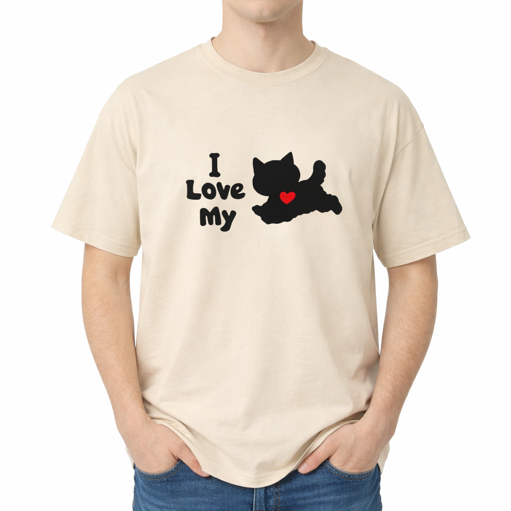 Beige t-shirt with 'I Love My' graphic design featuring a black dog and red heart on a white background. The center chest features the text "I Love My" in a thick, rounded black font. To the right of the text is a solid black silhouette of a leaping cat with pointy ears and a raised tail, featuring a bright red heart in the center of its body.