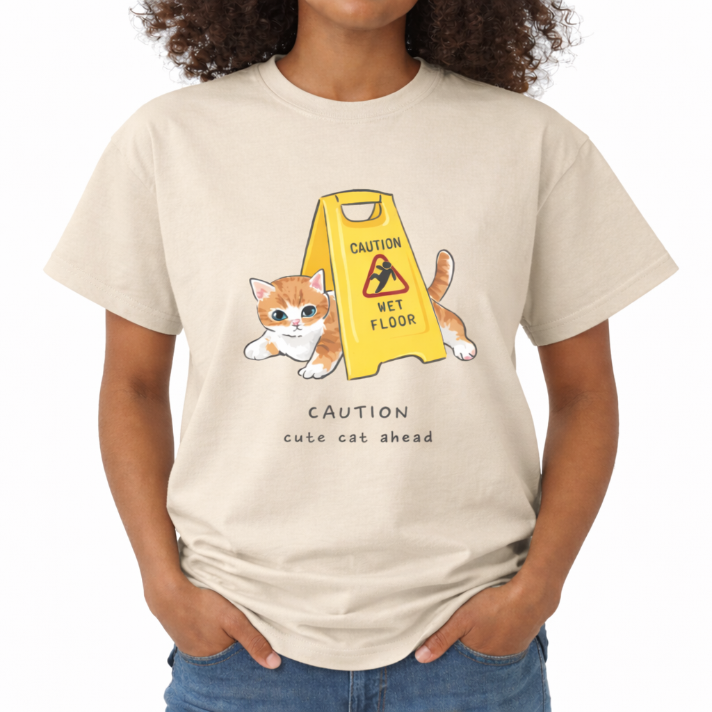 Person wearing a beige t-shirt with a graphic of a cat and a wet floor sign, text 'Caution: cute cat ahead'. The center chest features a graphic of a small orange and white kitten peeking out from behind a bright yellow "CAUTION WET FLOOR" A-frame sign. Below the illustration, the text reads "CAUTION cute cat ahead" in a playful, casual font.