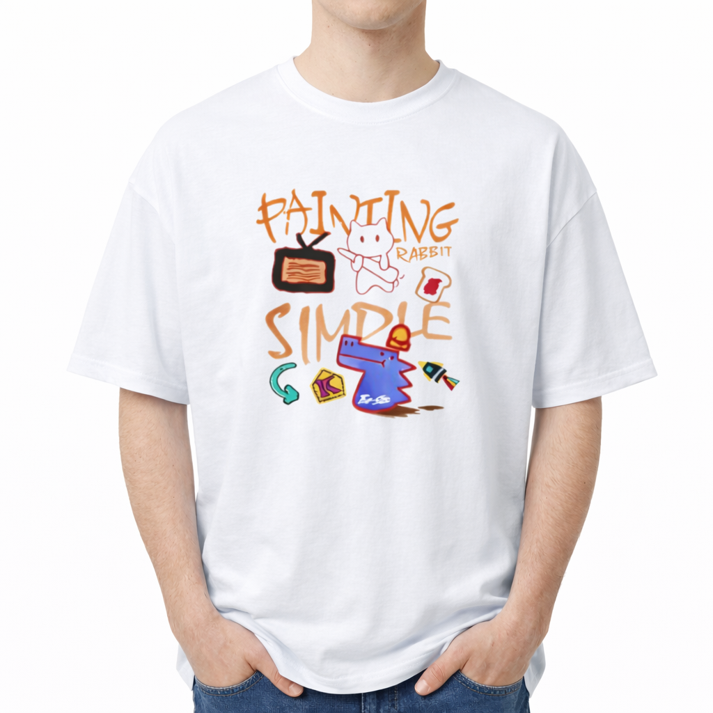 White t-shirt with colorful graphics and text worn by a person on a white background. The center chest features a colorful, chaotic doodle art graphic. The design includes graffiti-style orange text reading "PAINTING", "RABBIT", and "SIMPLE". Scattered hand-drawn illustrations surround the text, including a white rabbit-like figure, a brown retro TV, a piece of toast with red jam, a blue dog or dinosaur head wearing a red hat, a teal curved arrow, a yellow block with th