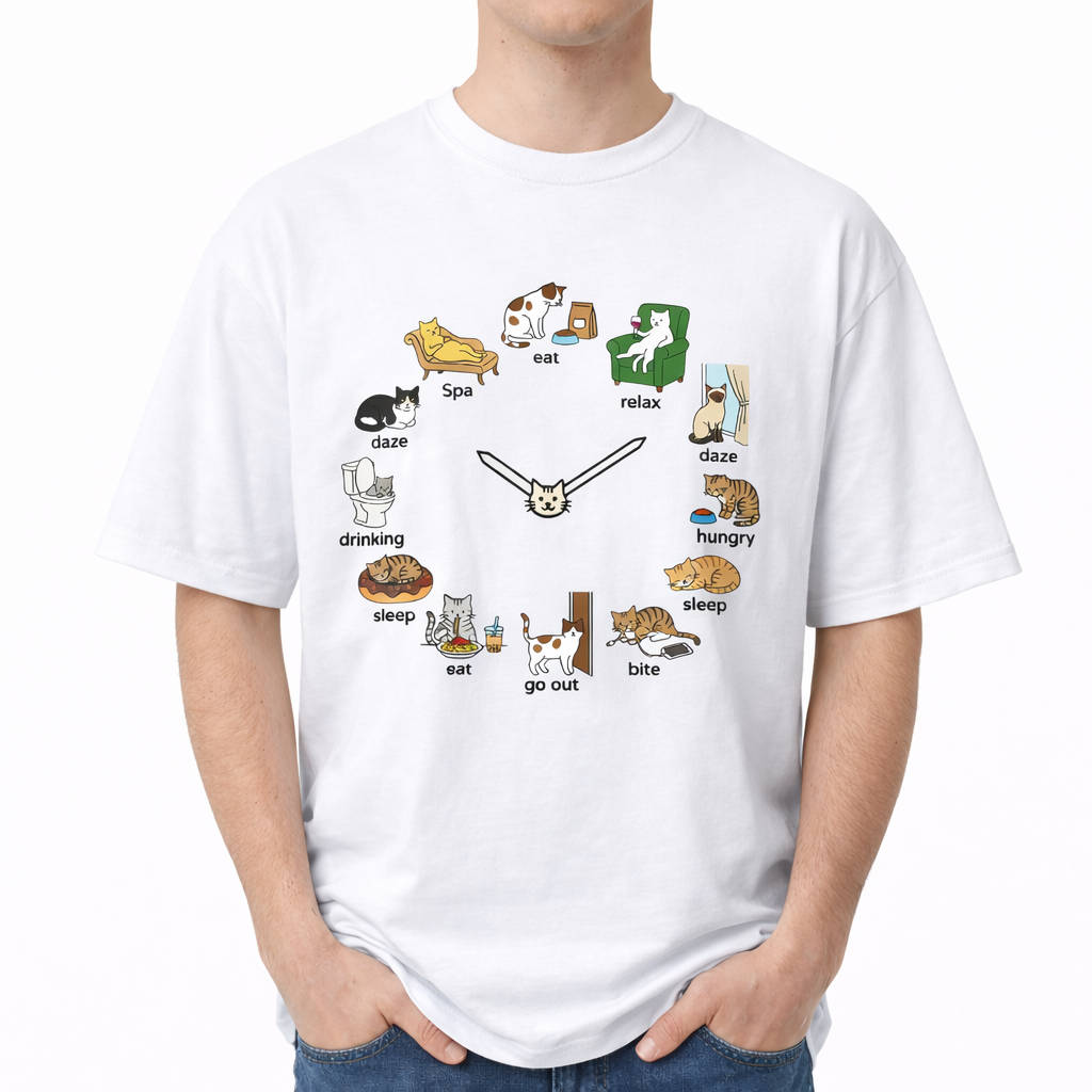 White t-shirt with various icons and text on a person wearing it. The center chest features a graphic of a clock made out of cartoon cats. In the center are two clock hands attached to a small white cat face. Around the dial are twelve different illustrations of cats doing daily activities with text labels below them: "eat”, "relax", "daze", "hungry", "sleep", "bite", "go out", "eat", "sleep”, "drinking", "daze", and "Spa".
