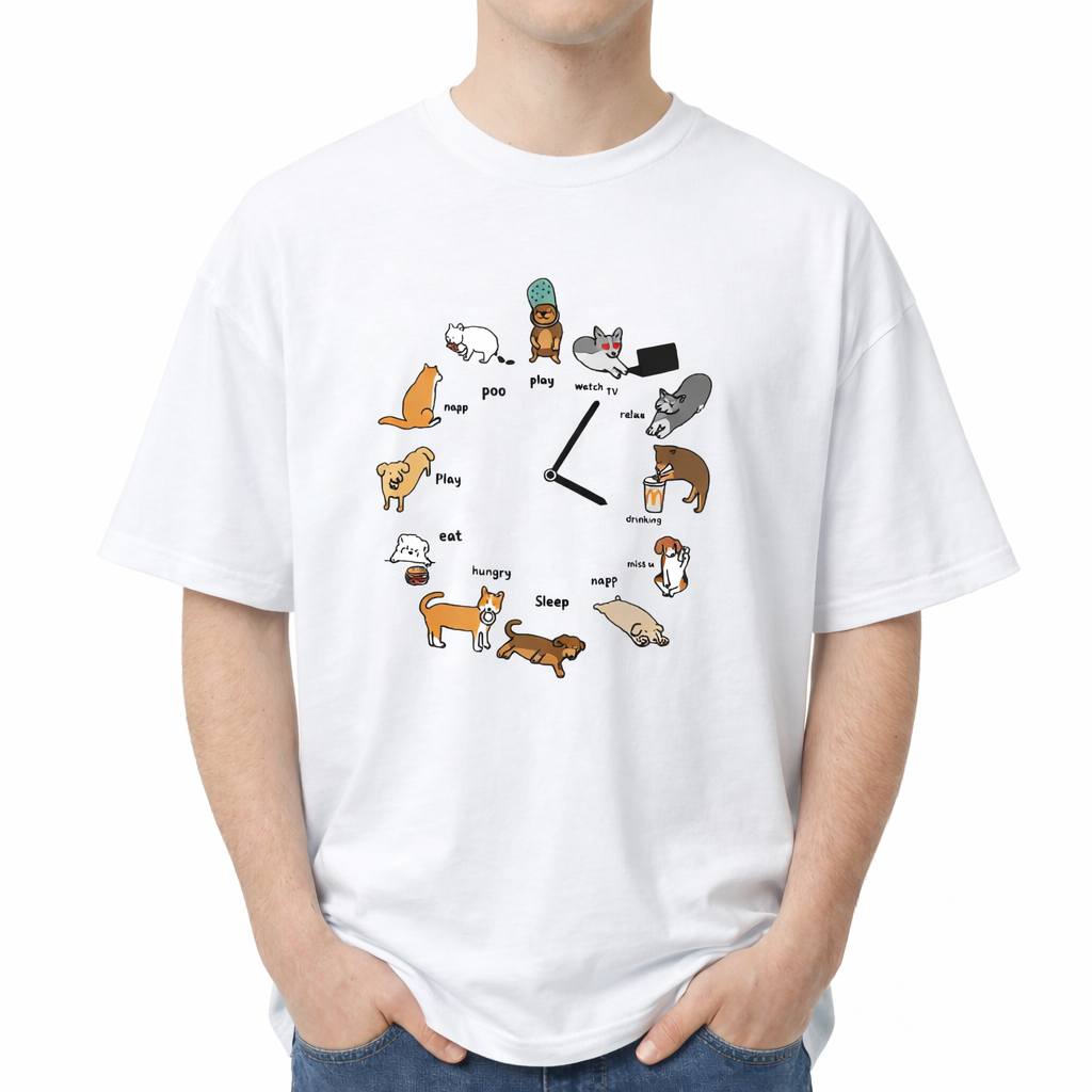 Person wearing a white t-shirt with a graphic design of a dog's daily activities. The center graphic features a clock face made of twelve different cartoon dogs performing daily activities, with text labels including "play," "napp," "eat," "sleep," and "watch TV." Two black clock hands sit in the center of the circle.