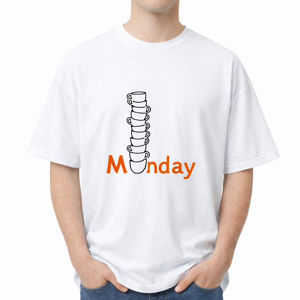 White t-shirt with 'Monday' graphic design on a white background. The center graphic features the word "Monday" in orange text, where the letter "o" is replaced by a tall, teetering vertical stack of eight black-and-white illustrated coffee cups.