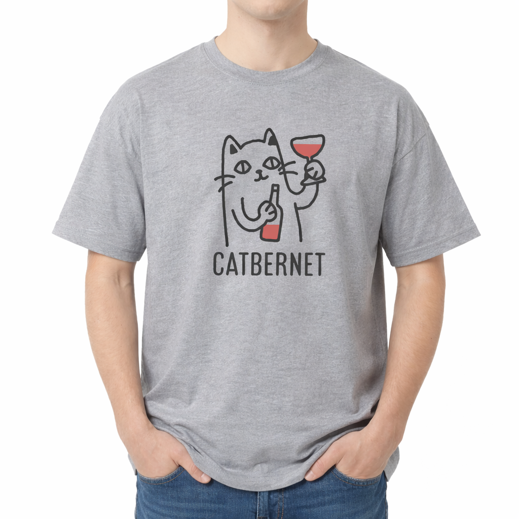 Gray t-shirt with a cat holding a wine glass graphic and 'CATBERNET' text on a white background. The center chest features a simple black line drawing of a cat holding a wine bottle in one paw and a wine glass filled with red wine in the other. Directly below the illustration is the word "CATBERNET" printed in a clean, black uppercase font.