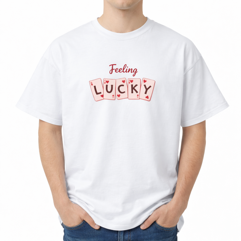 White t-shirt with 'Feeling Lucky' text on a white background. On the front chest, script text reads "Feeling" above a row of five slightly overlapping playing cards. One letter is centered on each card, spelling out the word "LUCKY".