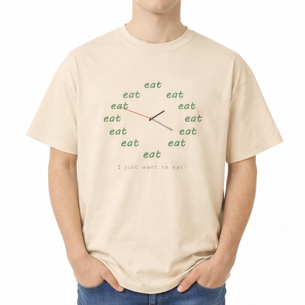 Beige t-shirt with a humorous clock design and text on a white background. The center chest features a graphic of a clock face made entirely of the word "eat" repeated twelve times in a green, casual font. Three clock hands (red, black, and grey) extend from the center. Below the clock, the text "I just want to eat!" is printed in a simple, gray typewriter-style font.
