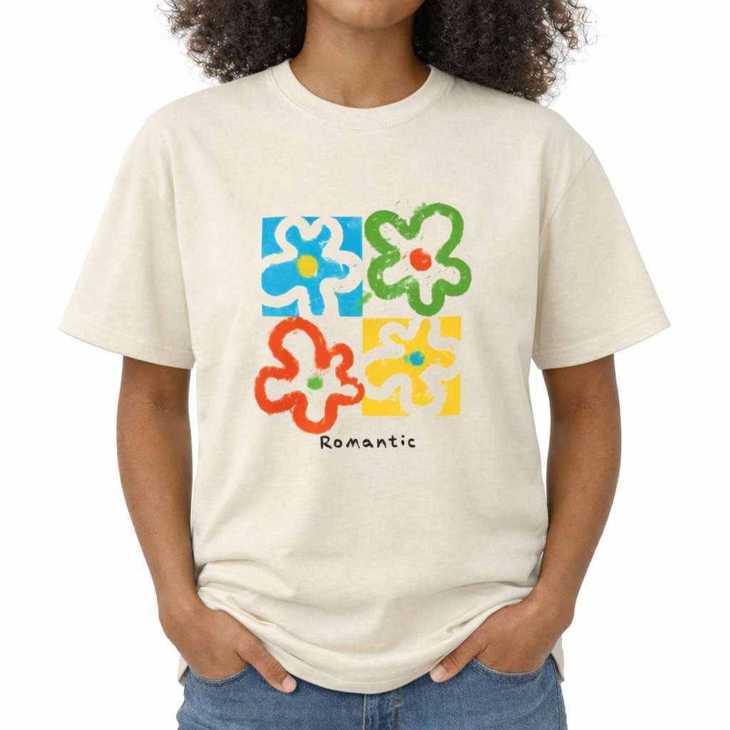 Person wearing a cream t-shirt with colorful floral designs and the word 'Romantic'. The center graphic features a colorful, four-panel pop art grid with abstract, chunky flower outlines in blue, green, orange, and yellow. The word "Romantic" is printed directly across the middle of the flowers in a casual black font.
