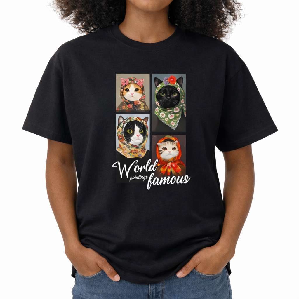 Black t-shirt with cat-themed design and 'World famous paintings' text, worn by a person. The center chest features a 2x2 grid of four detailed, painted portraits of different cats (a calico, a black cat, a tuxedo, and a tabby) wearing vintage floral headscarves or babushkas. Below the portraits, the text reads "World paintings famous" in a mix of elegant white script and clean serif fonts.