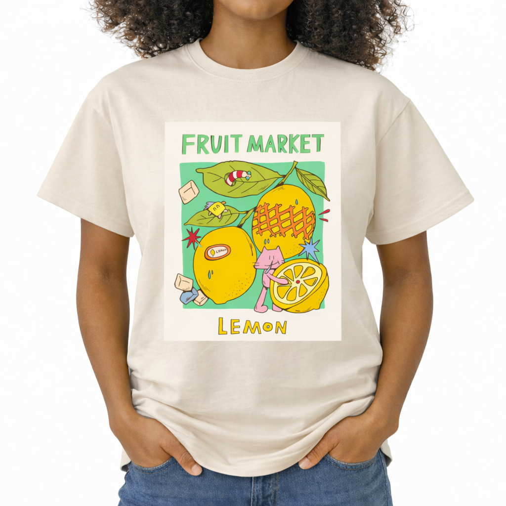 Person wearing a t-shirt with a 'Fruit Market Lemon' design. At the top, "FRUIT MARKET" is in hand-drawn blue font. A distressed rectangular graphic panel shows detailed illustrations of two whole lemons and a sliced lemon half. Text below panel reads "LEMON" in hand-drawn yellow-brown font.