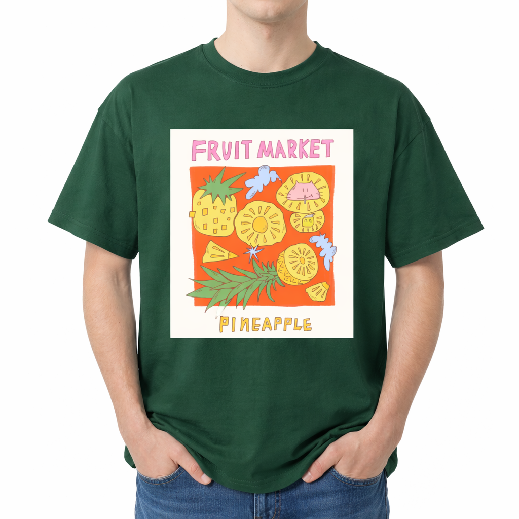 Person wearing a green t-shirt with a colorful pineapple graphic and text. The center features a prominent graphic of a colorful, kitschy "Fruit Market" panel. The art includes a whole pineapple, various slices and wedges of pineapple, and abstract cloud shapes, with the text "FRUIT MARKET" at the top in pink font and "PINEAPPLE" at the bottom in yellow font.