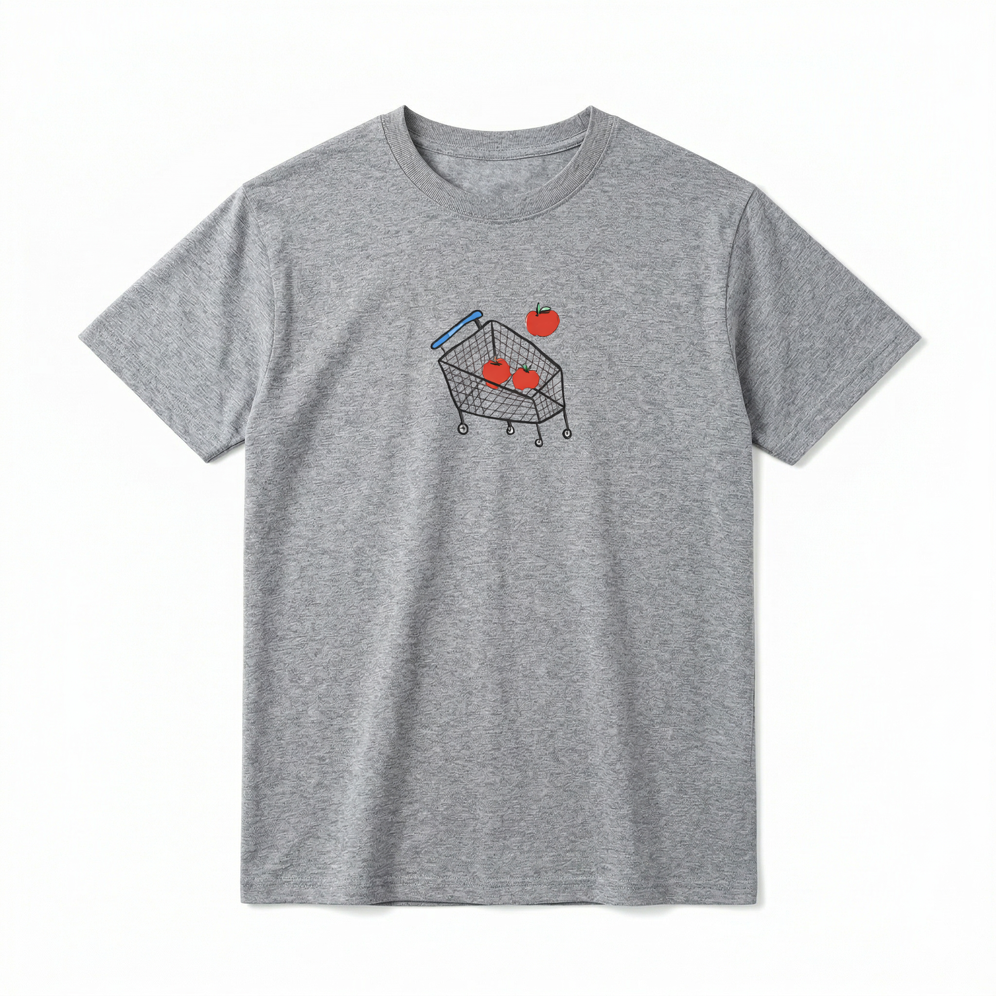 A flat lay of a short-sleeve t-shirt. The center chest features a minimalist, hand-drawn graphic of a wire shopping cart with a blue handle. Inside the cart are two bright red apples, with a third red apple floating just above the basket as if it is falling in.