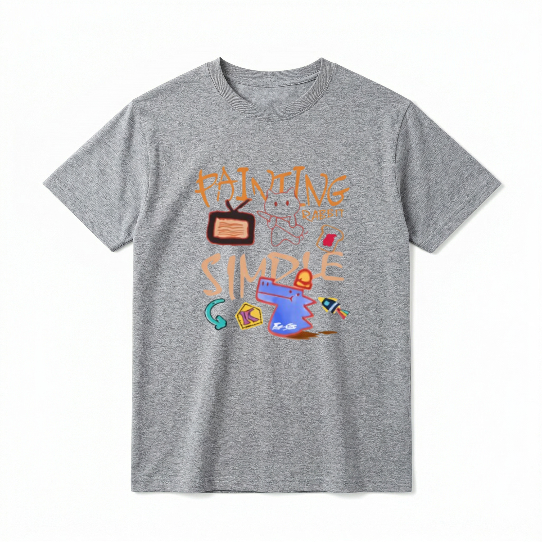 A flat lay of a short-sleeve t-shirt. The center chest features a colorful, chaotic doodle art graphic. The design includes graffiti-style orange text reading "PAINTING", "RABBIT", and "SIMPLE". Scattered hand-drawn illustrations surround the text, including a white rabbit-like figure, a brown retro TV, a piece of toast with red jam, a blue dog or dinosaur head wearing a red hat, a teal curved arrow, a yellow block with the letter K, and a small rocket.