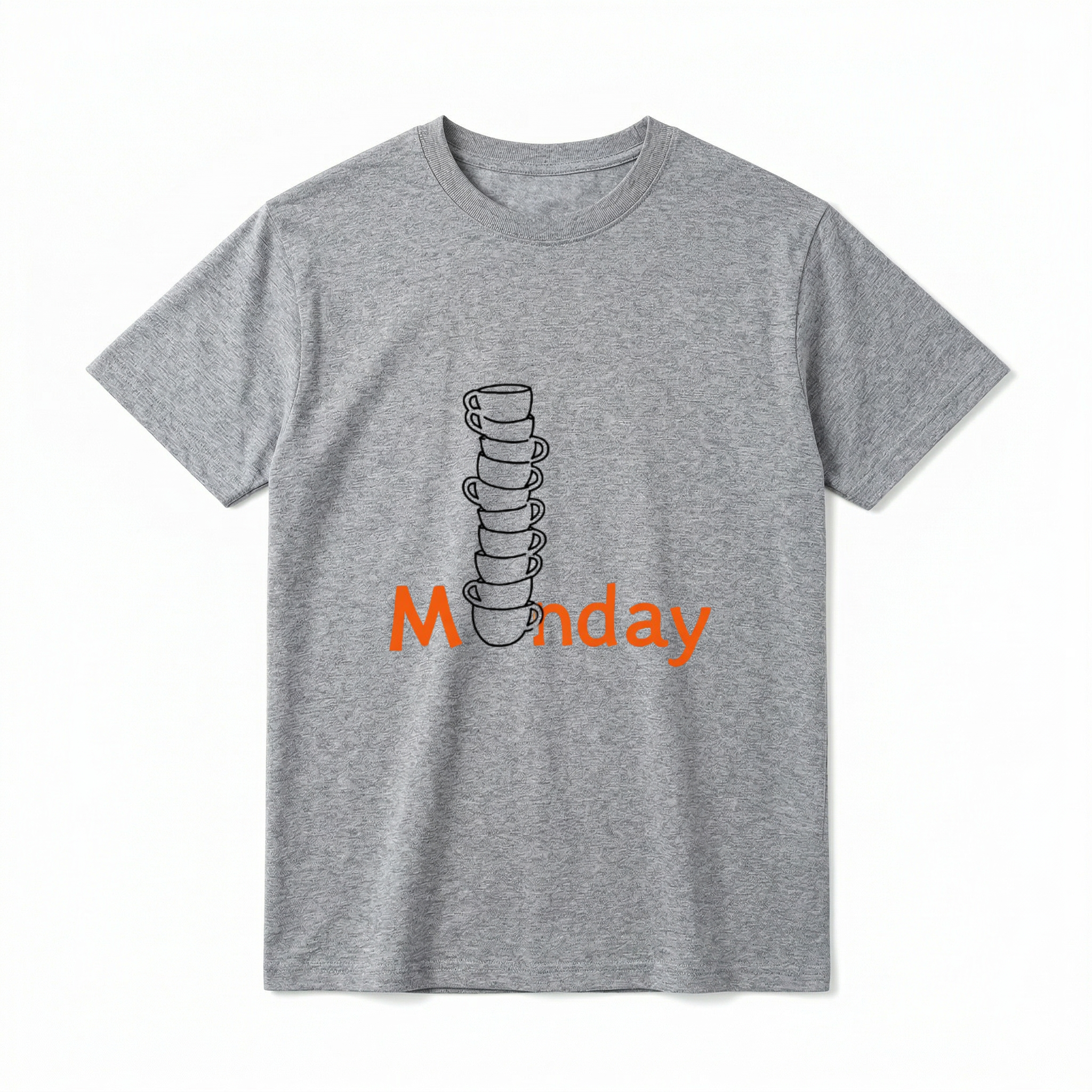 A flat lay of a short-sleeve t-shirt. The center graphic features the word "Monday" in orange text, where the letter "o" is replaced by a tall, teetering vertical stack of eight black-and-white illustrated coffee cups.
