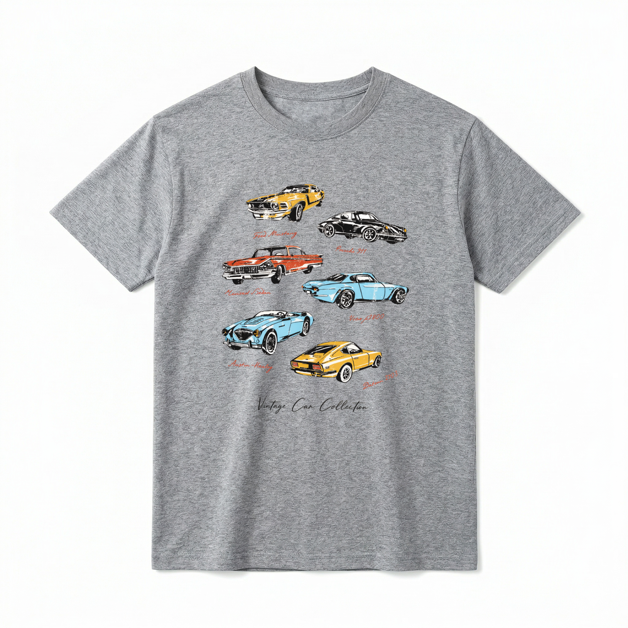 A flat lay of a short-sleeve t-shirt. The center chest features an illustrated graphic of six classic cars arranged in a slightly staggered layout. The vintage cars include a yellow Ford Mustang, a black Porsche 911, a red Riviera Sedan, a blue coupe, a light blue Austin-Healey, and a yellow Datsun. Each car has its name written below it in a small, red script font. At the very bottom of the design, the words "Vintage Car Collection" are printed in an elegant black script font.