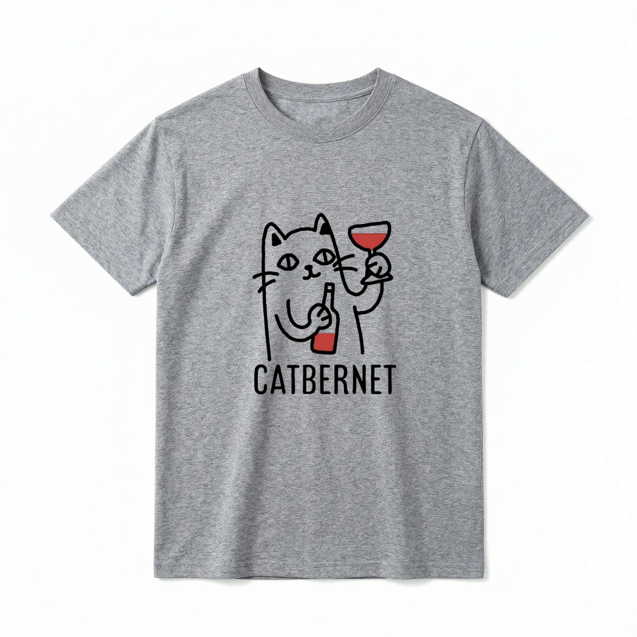 A flat lay of a short-sleeve t-shirt. The center chest features a simple black line drawing of a cat holding a wine bottle in one paw and a wine glass filled with red wine in the other. Directly below the illustration is the word "CATBERNET" printed in a clean, black uppercase font.