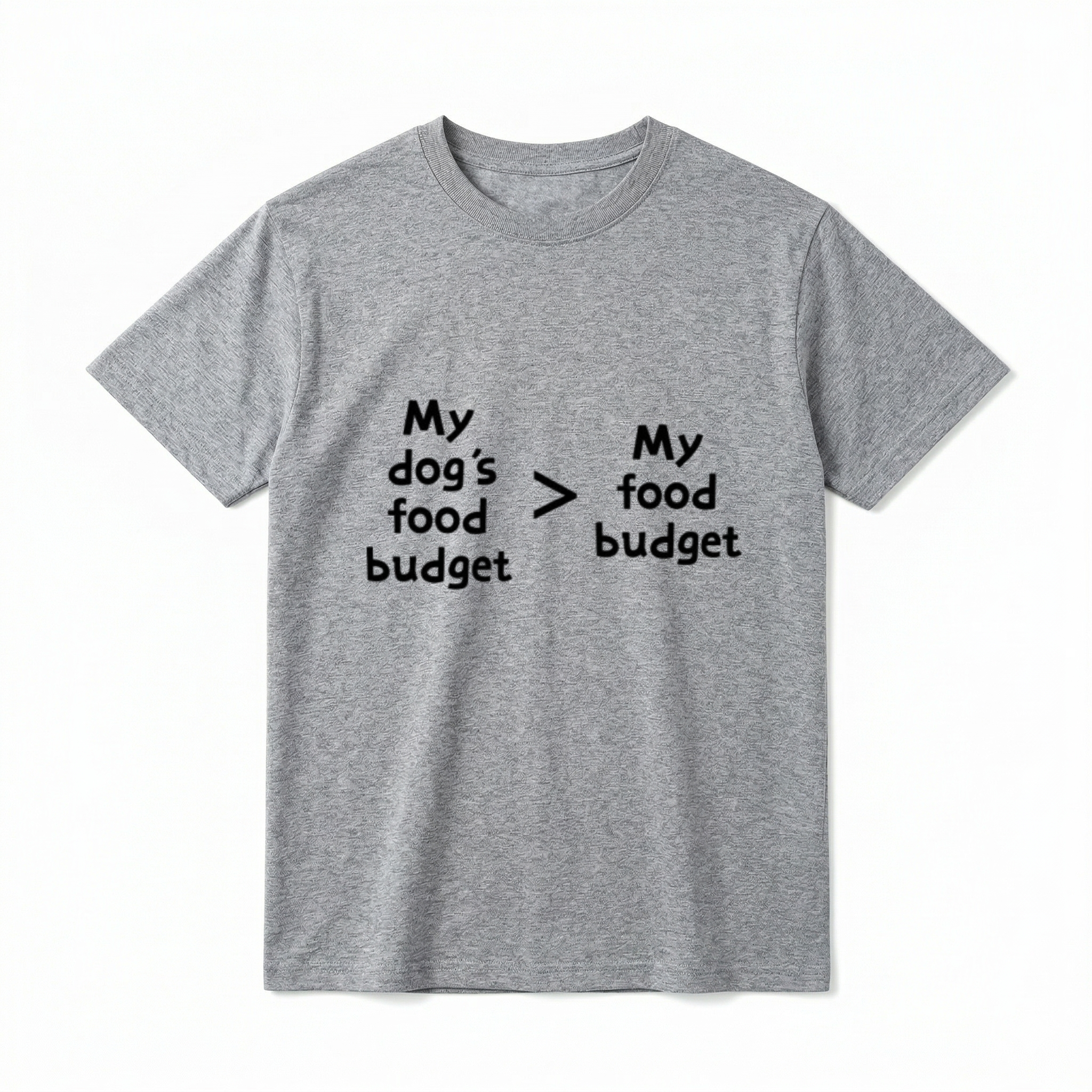 A front-facing flat lay of a short-sleeve t-shirt on a white background. Centered on the chest is the text 'My dog's food budget > My food budget' in a bold, black sans-serif font.