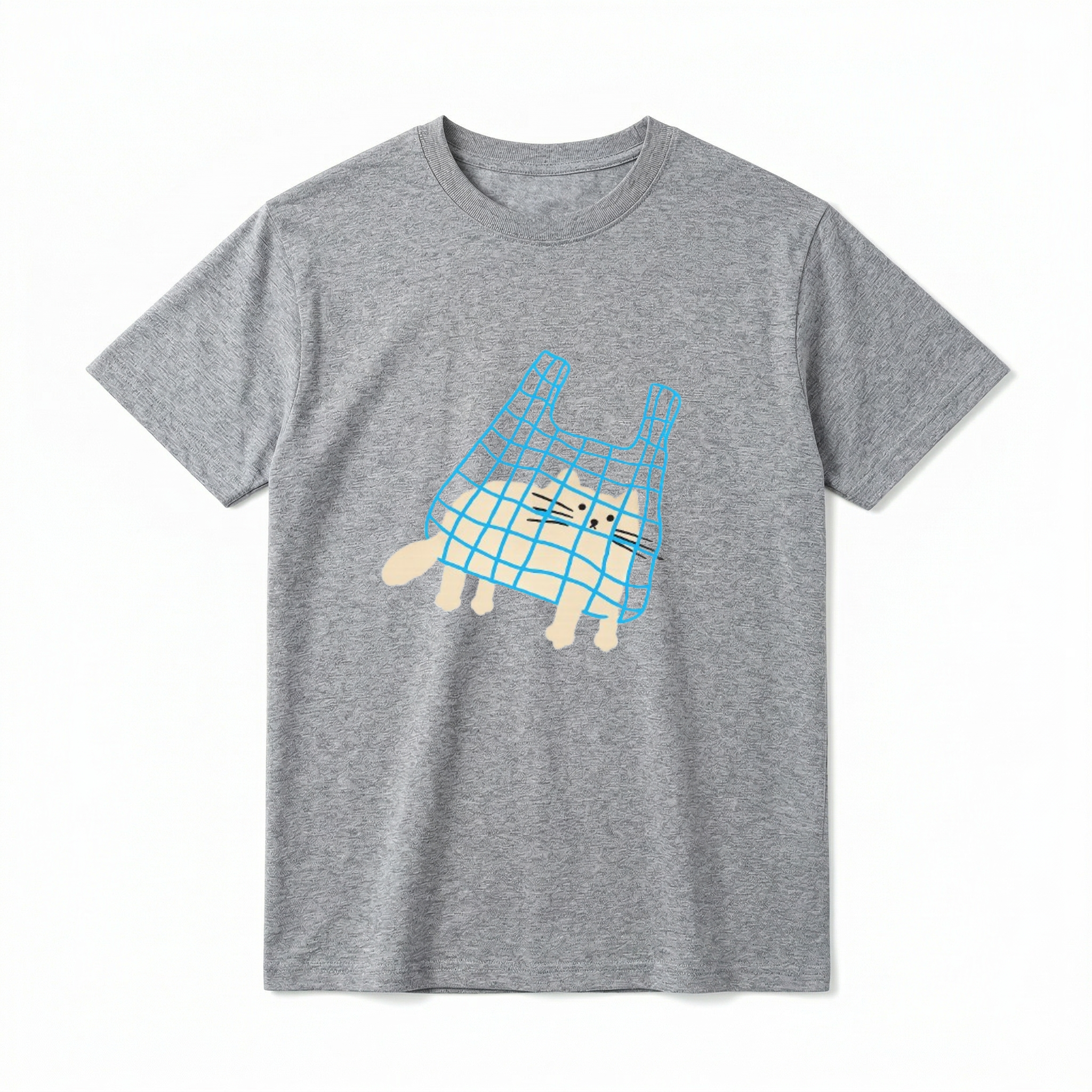 A flat lay of a short-sleeve t-shirt. The center chest features a minimalist, hand-drawn graphic of a light beige cat sitting inside a blue, gridded shopping bag. The cat's paws and tail are poking out of the bottom of the bag, and its face is drawn with simple black dot eyes and straight whiskers.