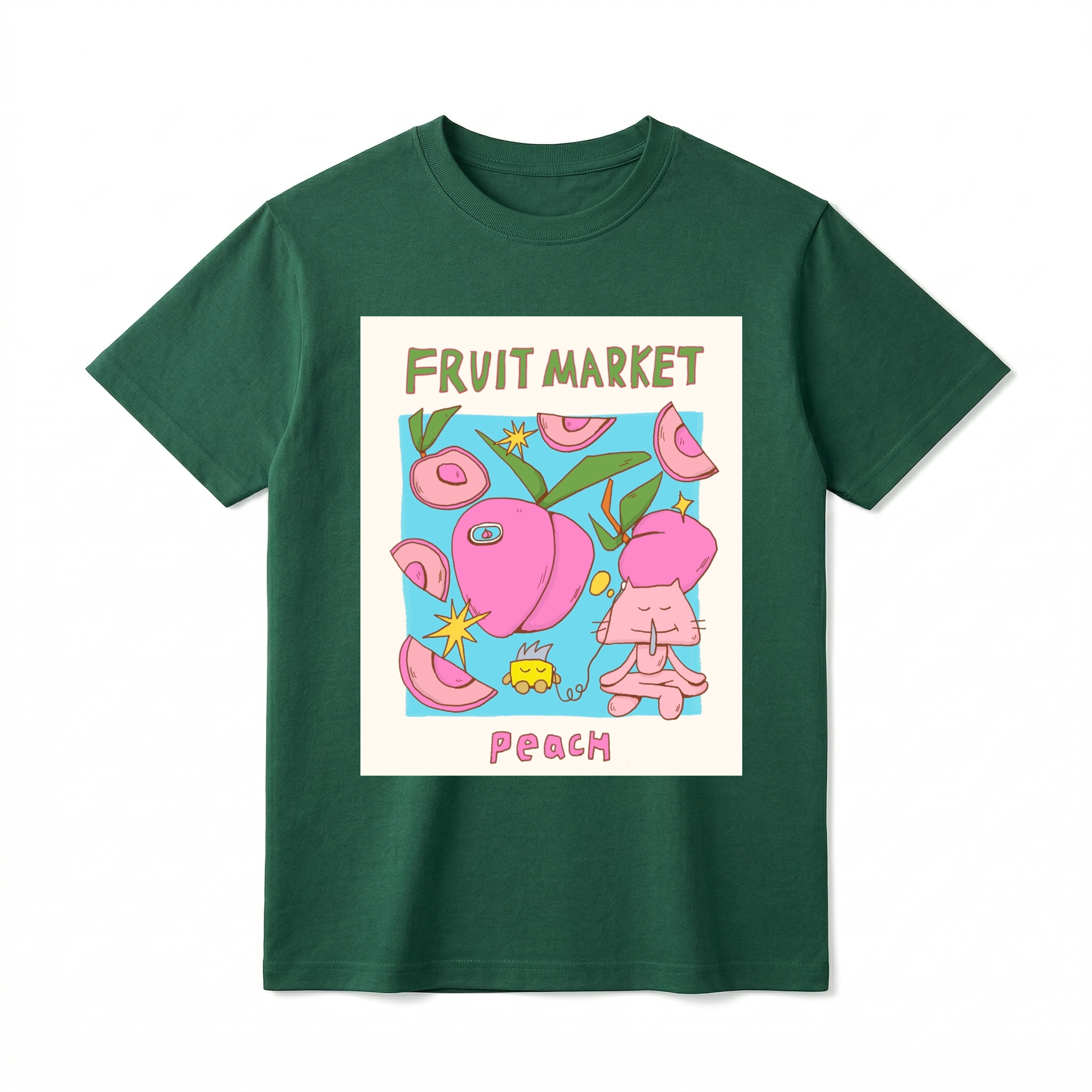 A flat lay of a short-sleeve t-shirt. The center features a colorful graphic with the text "FRUIT MARKET" at the top in green, hand-drawn letters. Below it is a light blue square containing illustrations of pink peaches, peach slices, green leaves, and retro yellow starbursts. In the foreground, a cute pink cartoon cat sits cross-legged, listening to wired earphones connected to a small yellow device. The word "PeACH" is printed at the bottom in bubbly pink text.
