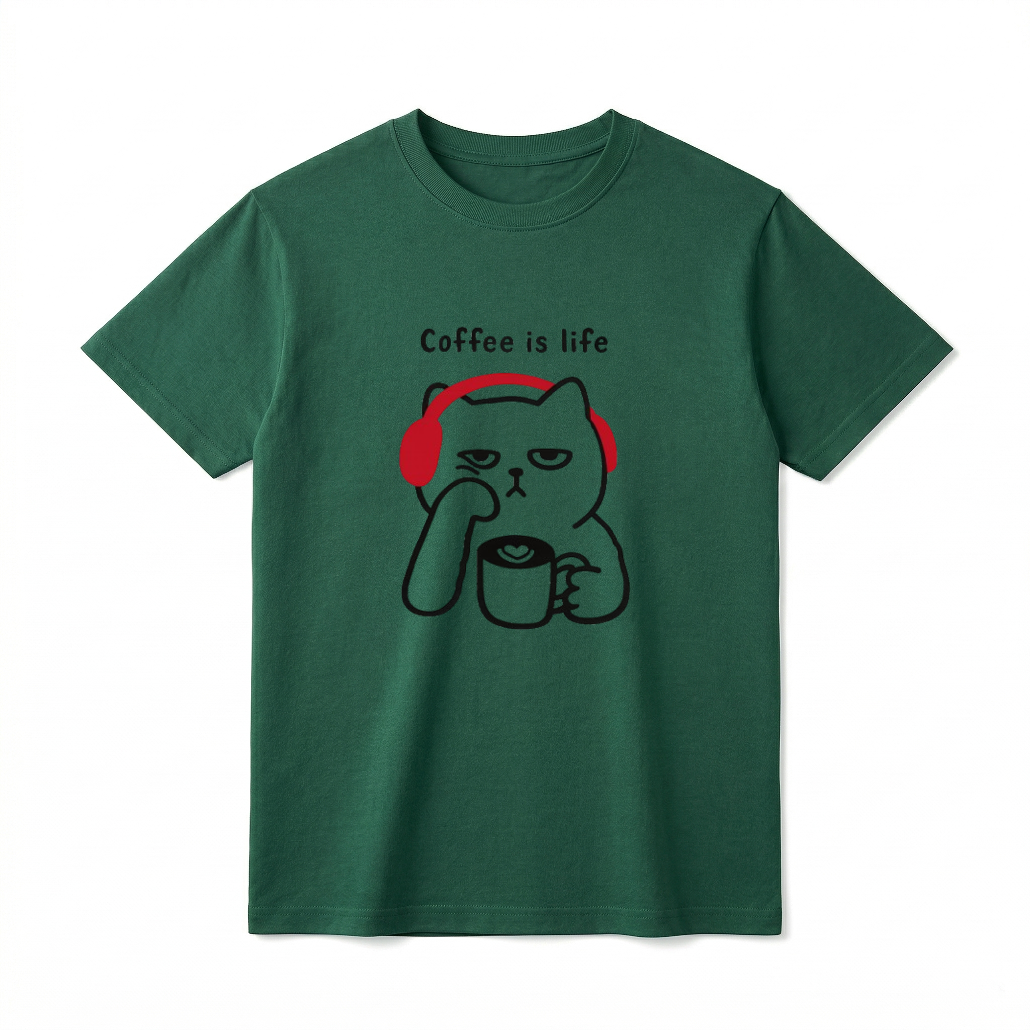 A flat lay of a short-sleeve t-shirt. The center chest features a black line-art graphic of a grumpy-looking cat wearing bright red headphones. The cat is resting its chin on one paw and holding a coffee mug with a latte art heart in the other. Above the cat, the text reads "Coffee is life" in a simple, playful black font.