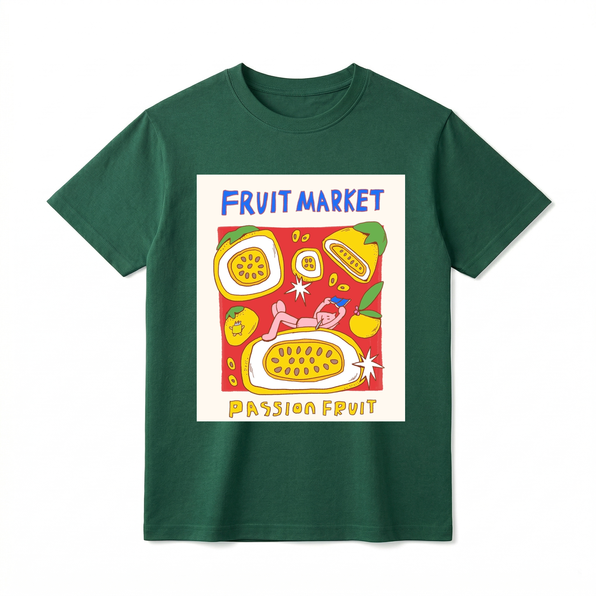 A forest green-colored short-sleeve t-shirt with a central graphic. A slightly distressed, rectangular graphic panel with illustrations. At the top, "FRUIT MARKET" is in hand-drawn blue font. The panel shows detailed illustrations of three whole passion fruits and two sliced open passion fruits with visible seeds, complete with a small pink cartoon cat illustration inside the larger fruit. Below the panel, "PASSION FRUIT" is in hand-drawn yellow-brown font.
