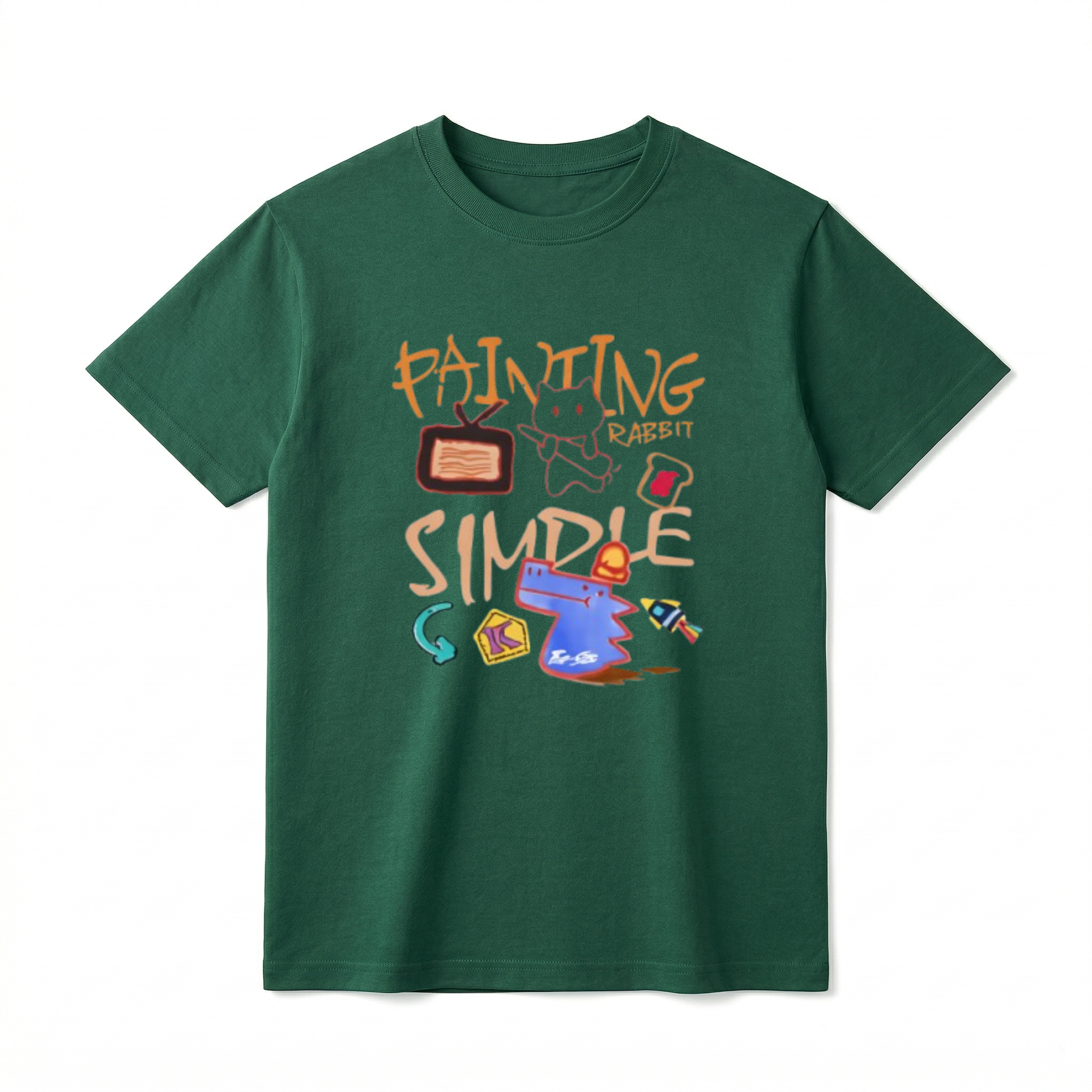A flat lay of a short-sleeve t-shirt. The center chest features a colorful, chaotic doodle art graphic. The design includes graffiti-style orange text reading "PAINTING", "RABBIT", and "SIMPLE". Scattered hand-drawn illustrations surround the text, including a white rabbit-like figure, a brown retro TV, a piece of toast with red jam, a blue dog or dinosaur head wearing a red hat, a teal curved arrow, a yellow block with the letter K, and a small rocket.