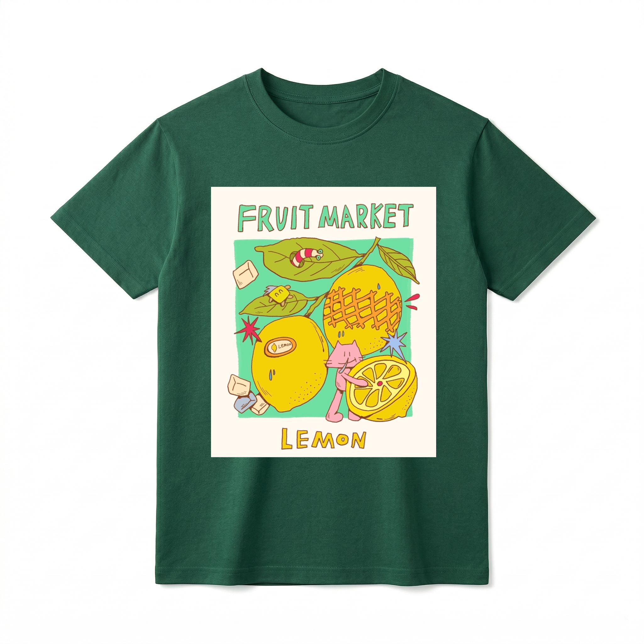 A forest green-colored short-sleeve t-shirt. At the top, "FRUIT MARKET" is in hand-drawn blue font. A distressed rectangular graphic panel shows detailed illustrations of two whole lemons and a sliced lemon half. Text below panel reads "LEMON" in hand-drawn yellow-brown font.