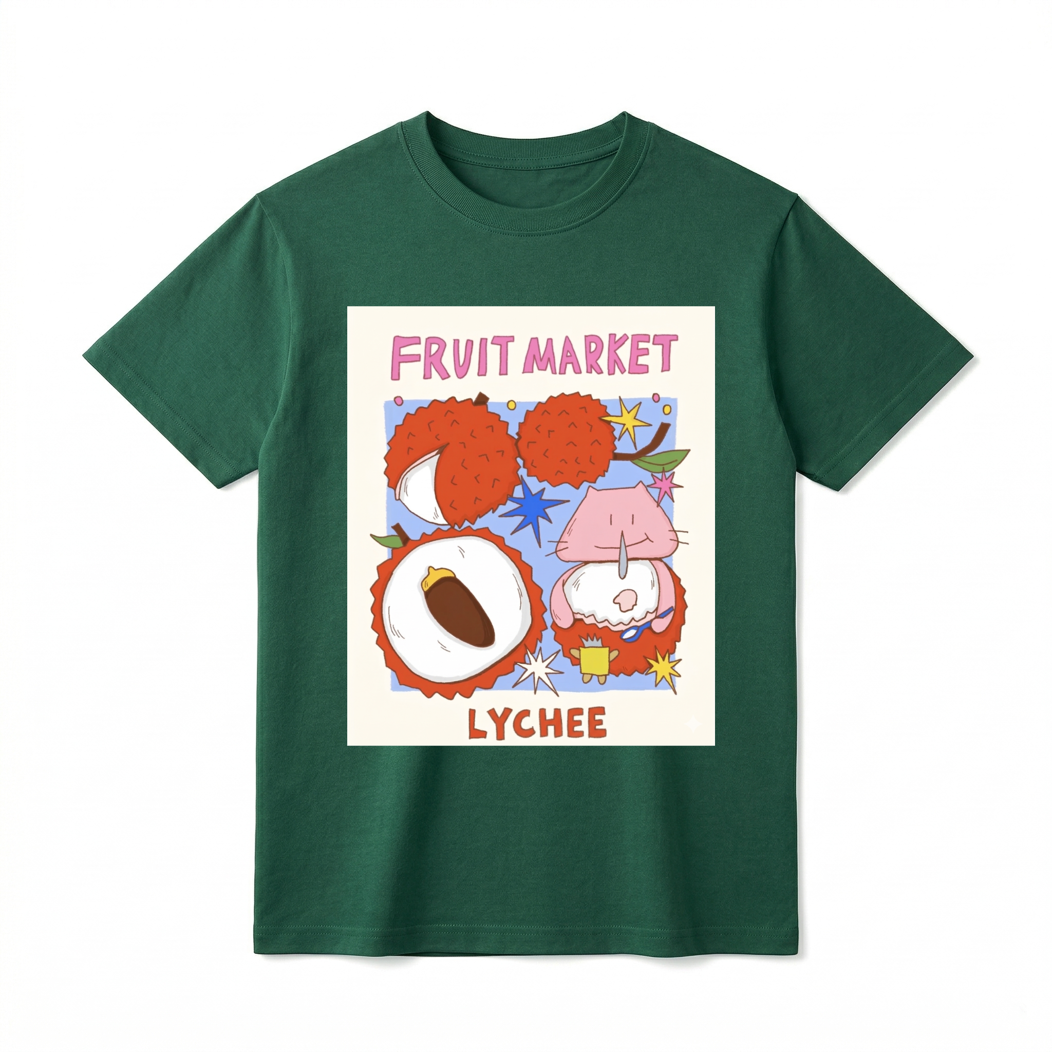 A flat lay of a short-sleeve t-shirt. The center features a colorful, square graphic with the text "FRUIT MARKET" at the top in bubbly pink letters. Below it are hand-drawn illustrations of red lychee fruits, including one sliced open to show the white flesh and brown pit, and another where a cute, round pink cartoon creature is sitting inside the lychee shell eating with a small spoon. The word "LYCHEE" is printed at the bottom in bold orange text.