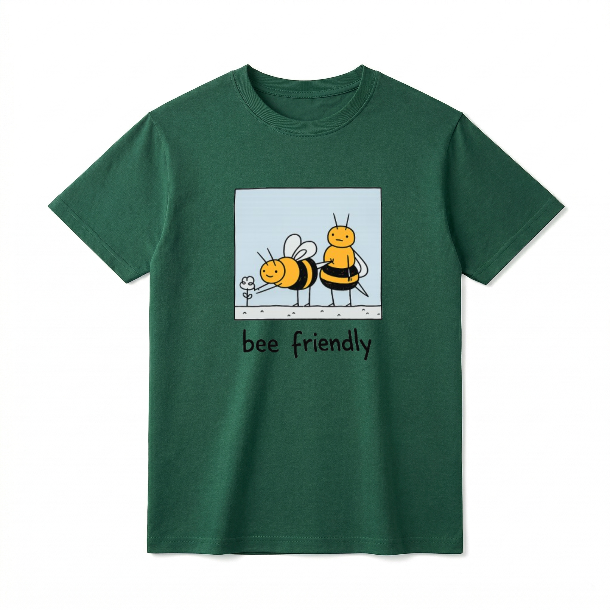 A flat lay of a short-sleeve t-shirt. The center chest features a hand-drawn cartoon graphic inside a light blue square border. Inside, two cute, chunky bees are drawn in a simple style. One bee is leaning forward to touch a tiny flower, while the other bee stands behind it with a blank, funny expression. Below the square graphic, the text reads "bee friendly" in a playful, casual black font.