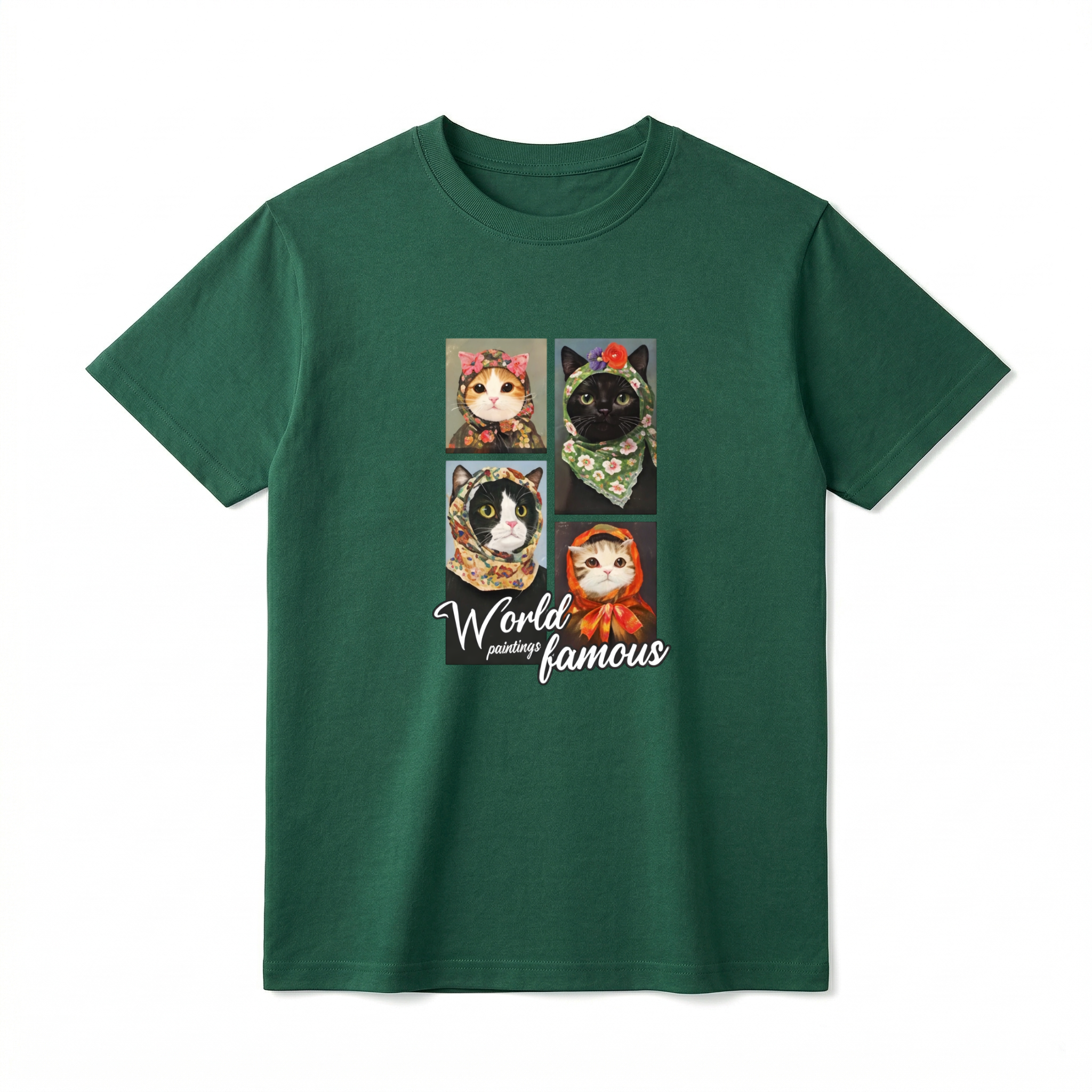 A flat lay of a short-sleeve t-shirt. The center chest features a 2x2 grid of four detailed, painted portraits of different cats (a calico, a black cat, a tuxedo, and a tabby) wearing vintage floral headscarves or babushkas. Below the portraits, the text reads "World paintings famous" in a mix of elegant white script and clean serif fonts.