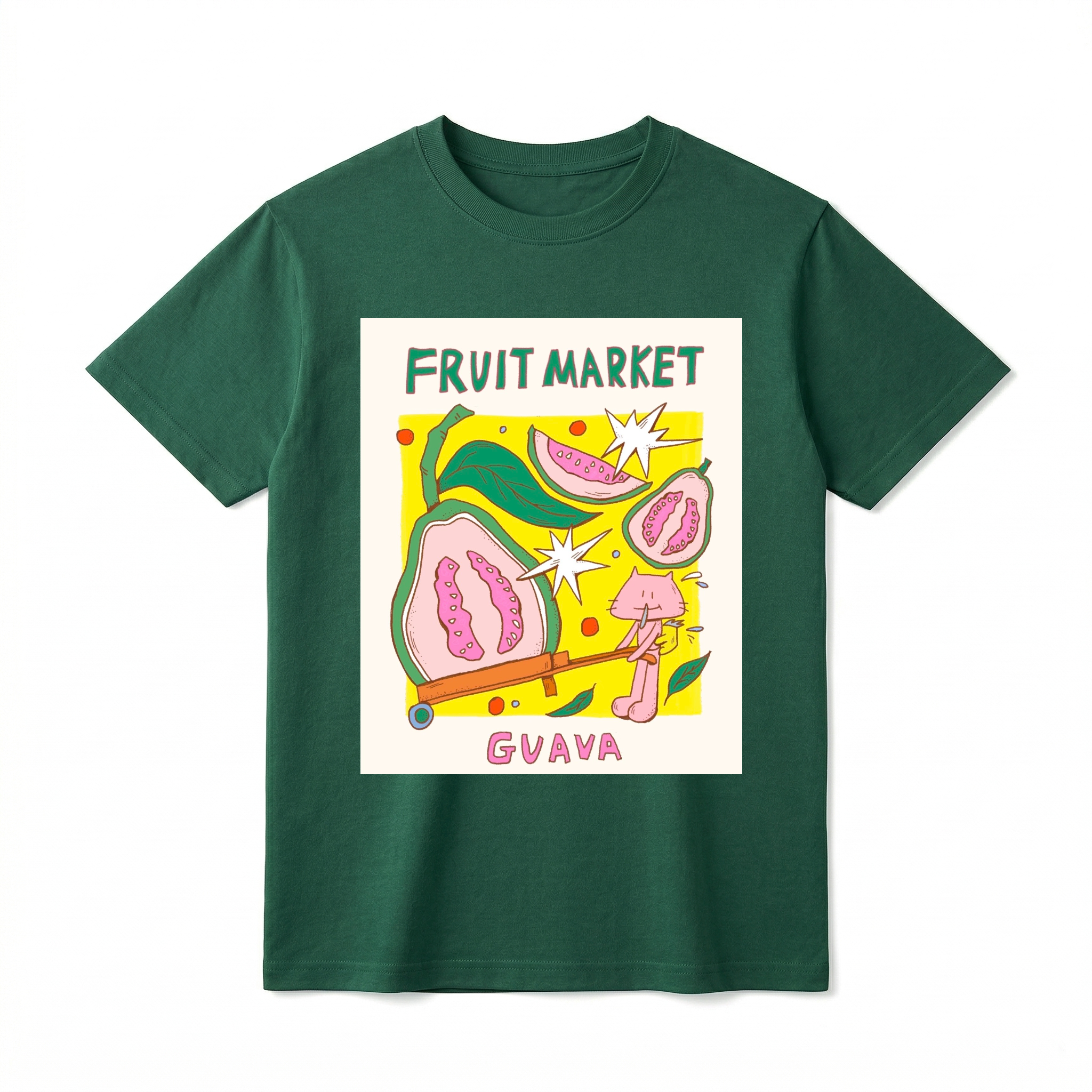 A flat lay of a short-sleeve t-shirt. The center features a colorful graphic with the text "FRUIT MARKET" at the top in green, hand-drawn letters. Below it is a yellow square containing illustrations of pink guavas, green leaves, and retro white starbursts. In the foreground, a cute pink cartoon cat is pushing a large half-slice of guava in an orange wheelbarrow. The word "GUAVA" is printed at the bottom in bold pink text.