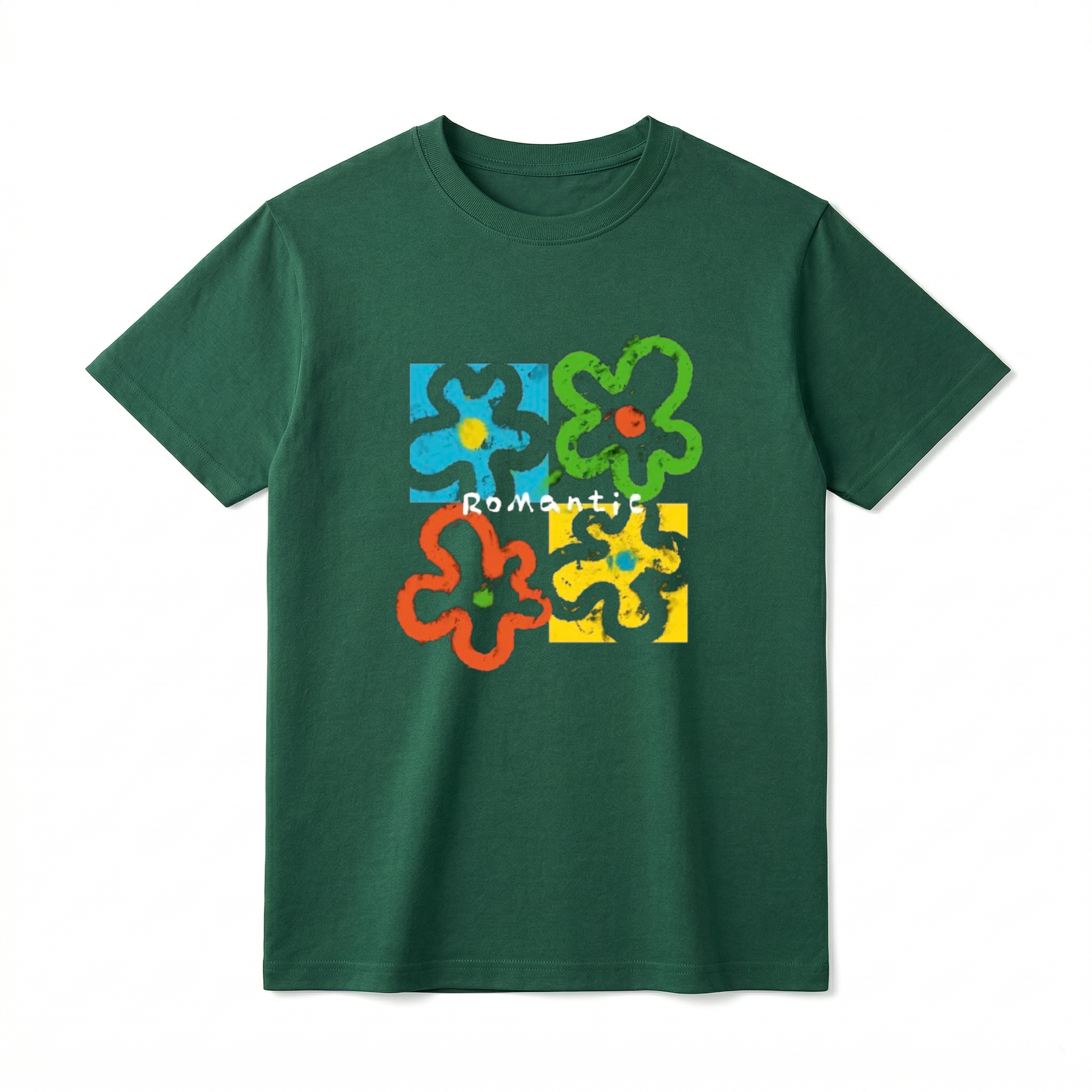 A flat lay of a short-sleeve t-shirt. The center graphic features a colorful, four-panel pop art grid with abstract, chunky flower outlines in blue, green, orange, and yellow. The word "Romantic" is printed directly across the middle of the flowers in a casual black font.