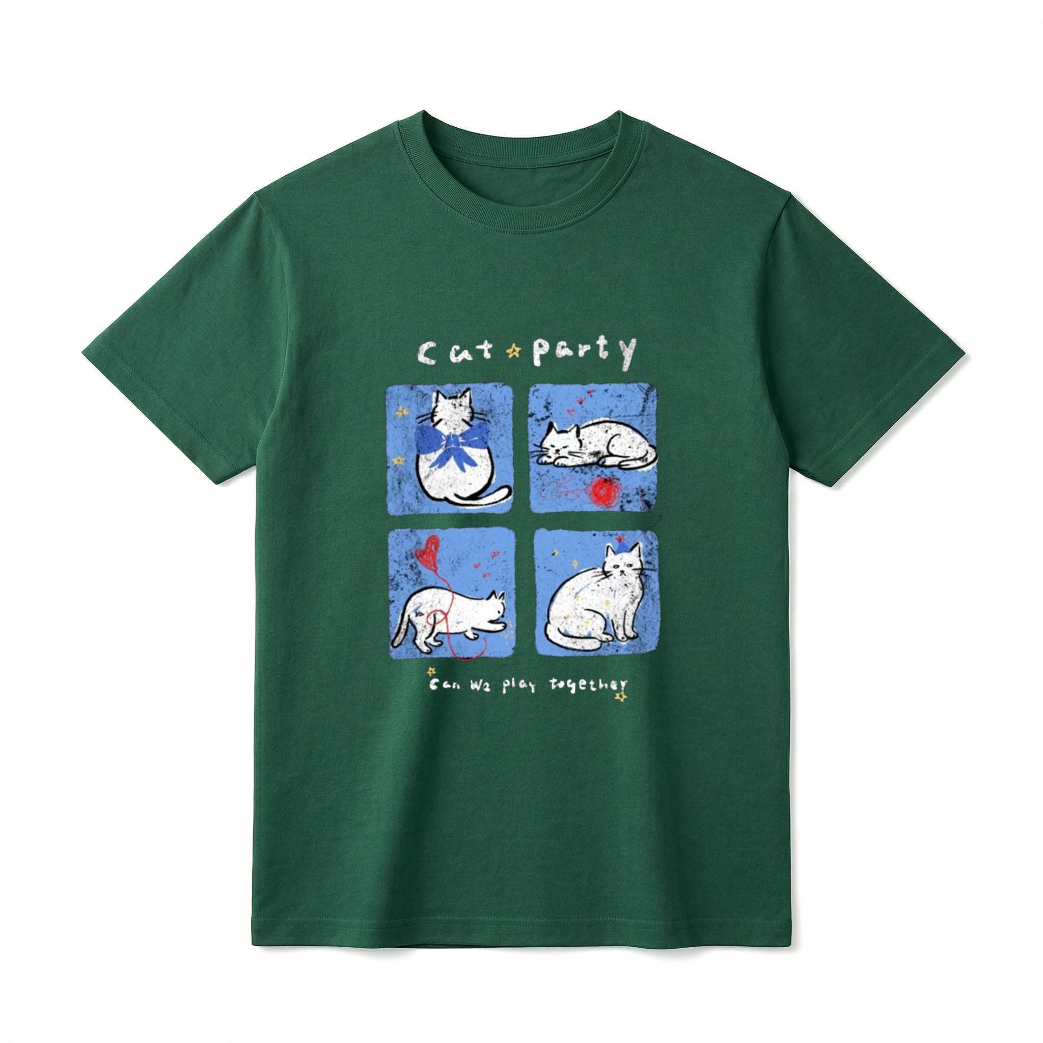A flat lay of a short-sleeve t-shirt. The center graphic features the text "Cat party" above four blue squares showing white cartoon cats wearing bows, sleeping by red yarn, playing with a balloon, and wearing party hats. Below the panels is the text "Can We play together" surrounded by tiny yellow stars.