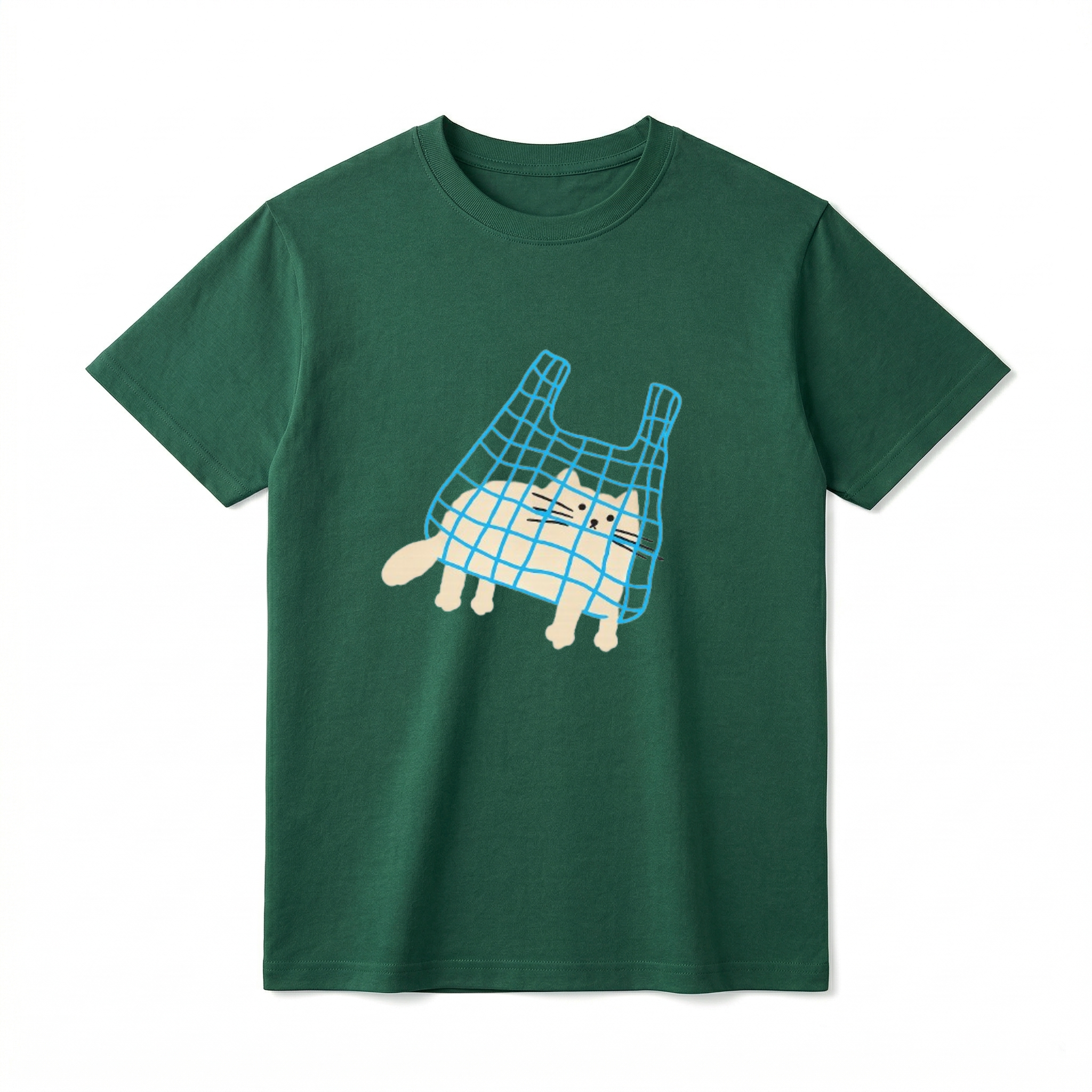 A flat lay of a short-sleeve t-shirt. The center chest features a minimalist, hand-drawn graphic of a light beige cat sitting inside a blue, gridded shopping bag. The cat's paws and tail are poking out of the bottom of the bag, and its face is drawn with simple black dot eyes and straight whiskers.