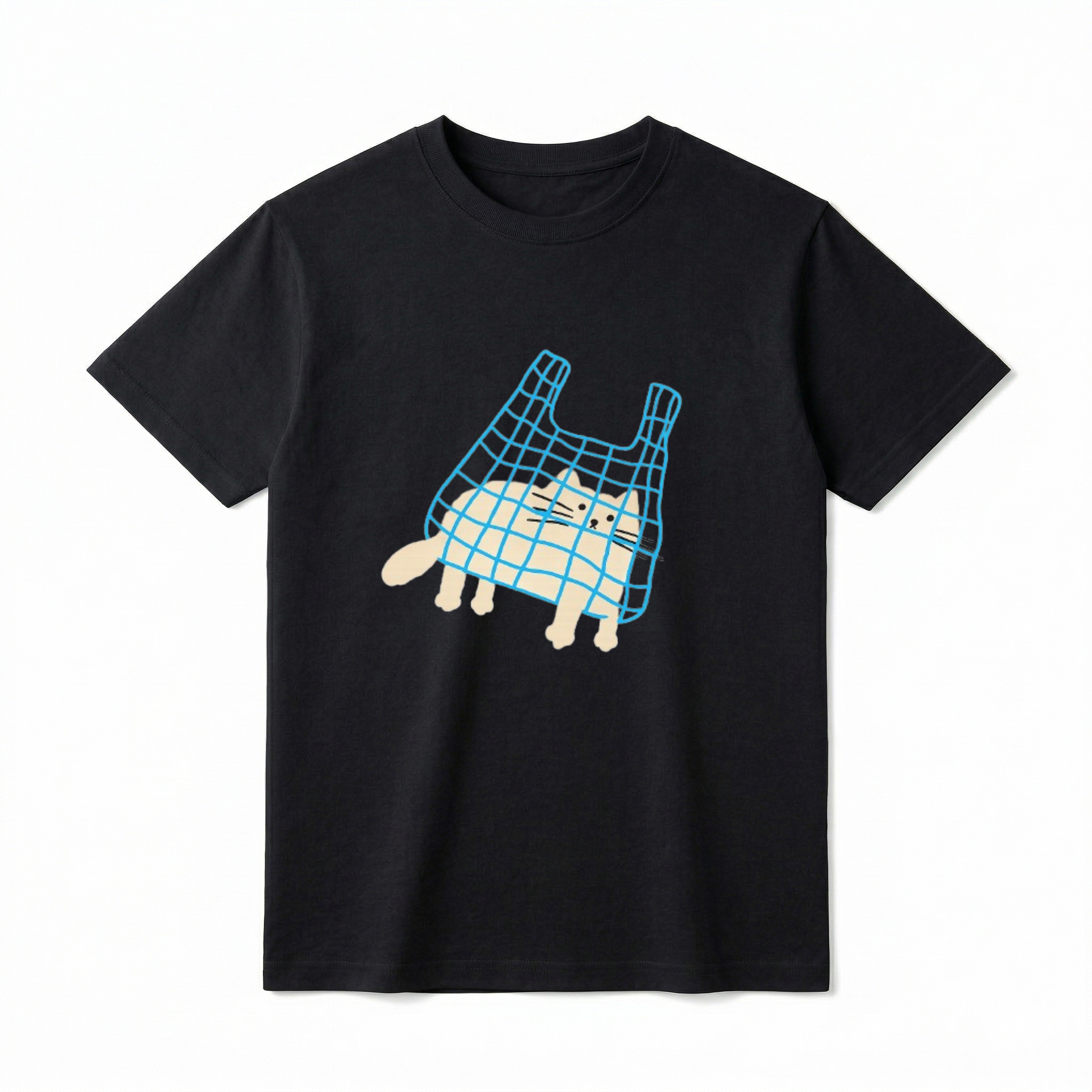 A flat lay of a short-sleeve t-shirt. The center chest features a minimalist, hand-drawn graphic of a light beige cat sitting inside a blue, gridded shopping bag. The cat's paws and tail are poking out of the bottom of the bag, and its face is drawn with simple black dot eyes and straight whiskers.