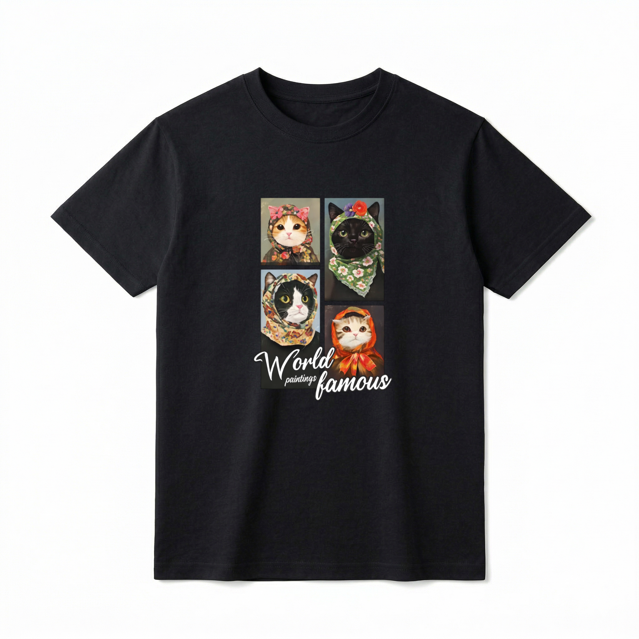 A flat lay of a short-sleeve t-shirt. The center chest features a 2x2 grid of four detailed, painted portraits of different cats (a calico, a black cat, a tuxedo, and a tabby) wearing vintage floral headscarves or babushkas. Below the portraits, the text reads "World paintings famous" in a mix of elegant white script and clean serif fonts.