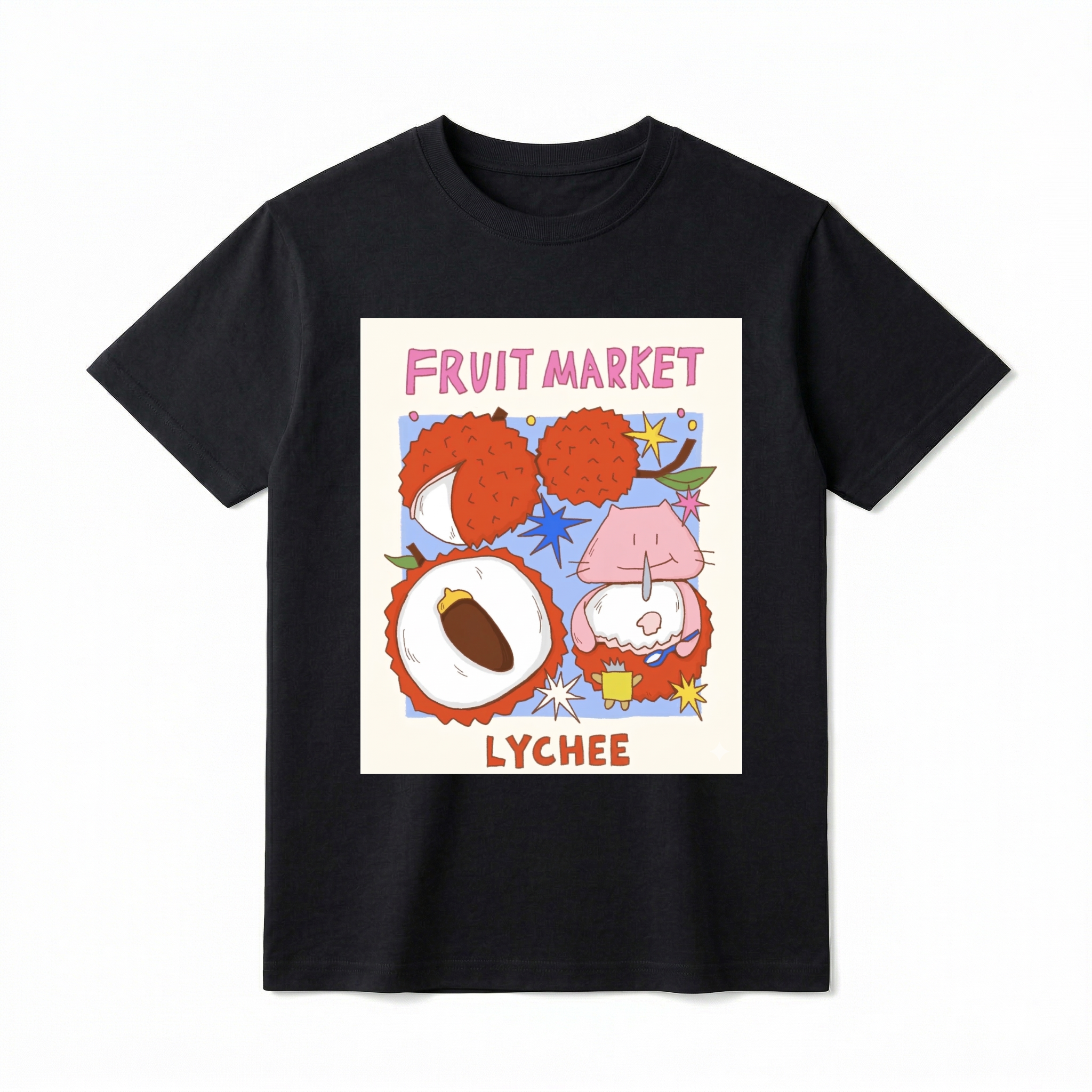 A flat lay of a short-sleeve t-shirt. The center features a colorful, square graphic with the text "FRUIT MARKET" at the top in bubbly pink letters. Below it are hand-drawn illustrations of red lychee fruits, including one sliced open to show the white flesh and brown pit, and another where a cute, round pink cartoon creature is sitting inside the lychee shell eating with a small spoon. The word "LYCHEE" is printed at the bottom in bold orange text.