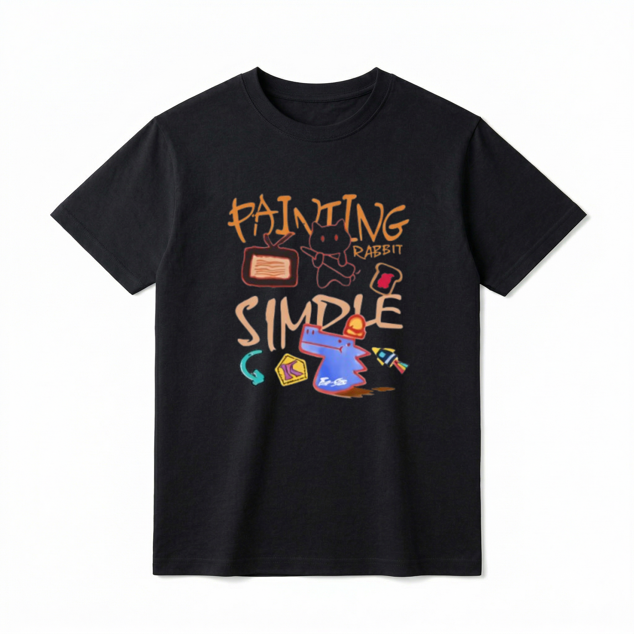 A flat lay of a short-sleeve t-shirt. The center chest features a colorful, chaotic doodle art graphic. The design includes graffiti-style orange text reading "PAINTING", "RABBIT", and "SIMPLE". Scattered hand-drawn illustrations surround the text, including a white rabbit-like figure, a brown retro TV, a piece of toast with red jam, a blue dog or dinosaur head wearing a red hat, a teal curved arrow, a yellow block with the letter K, and a small rocket.
