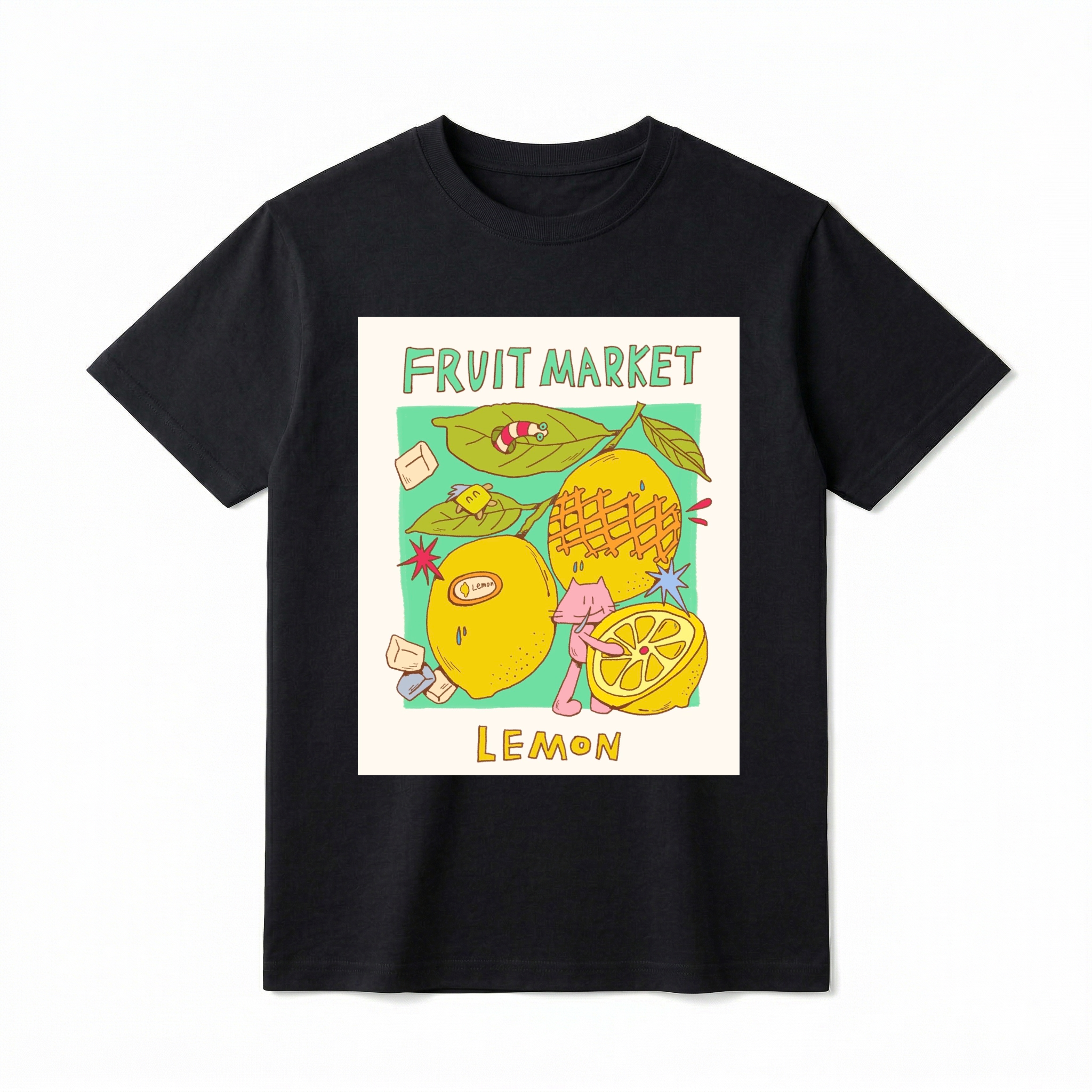 A black-colored short-sleeve t-shirt. At the top, "FRUIT MARKET" is in hand-drawn blue font. A distressed rectangular graphic panel shows detailed illustrations of two whole lemons and a sliced lemon half. Text below panel reads "LEMON" in hand-drawn yellow-brown font.