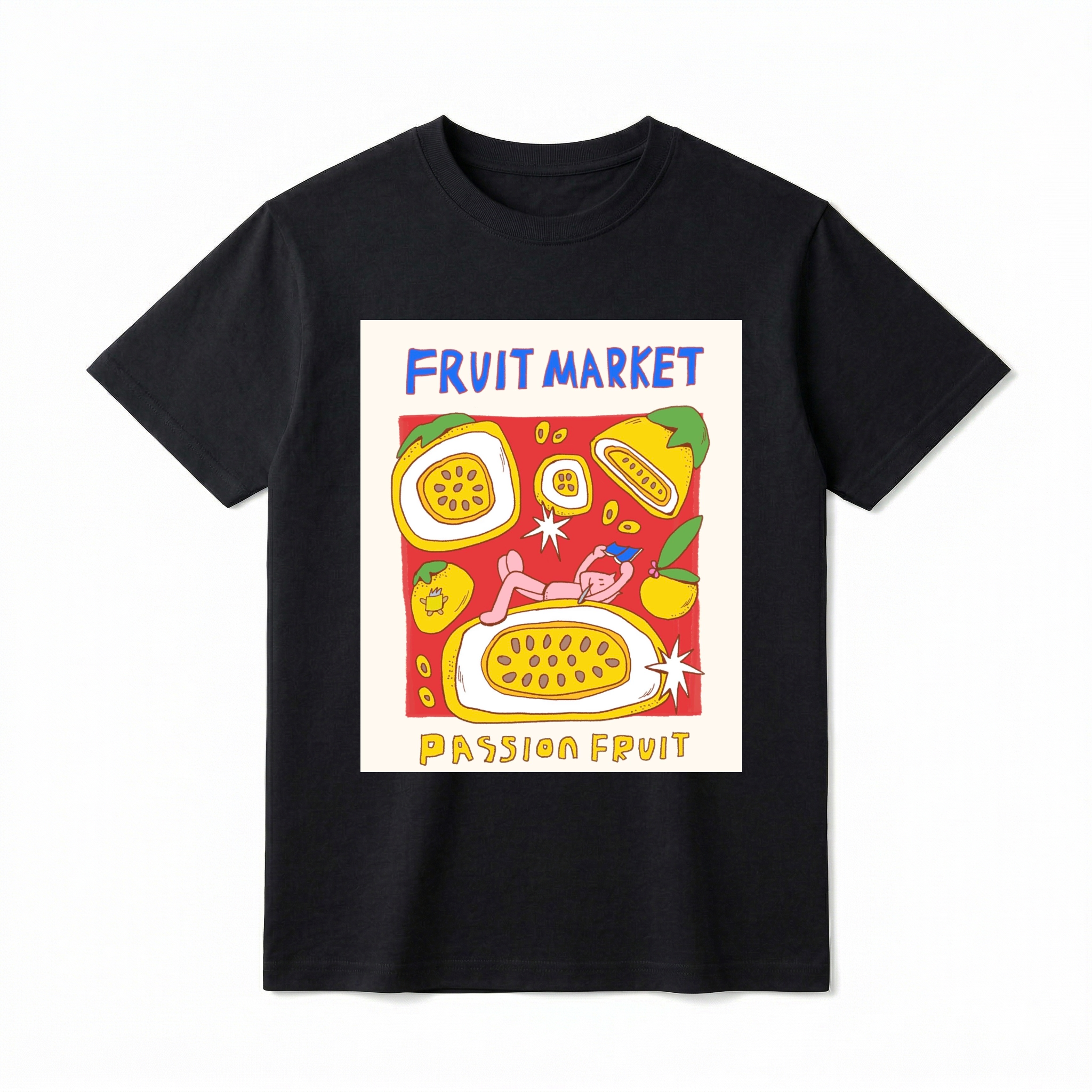 A black-colored short-sleeve t-shirt with a central graphic. A slightly distressed, rectangular graphic panel with illustrations. At the top, "FRUIT MARKET" is in hand-drawn blue font. The panel shows detailed illustrations of three whole passion fruits and two sliced open passion fruits with visible seeds, complete with a small pink cartoon cat illustration inside the larger fruit. Below the panel, "PASSION FRUIT" is in hand-drawn yellow-brown font.