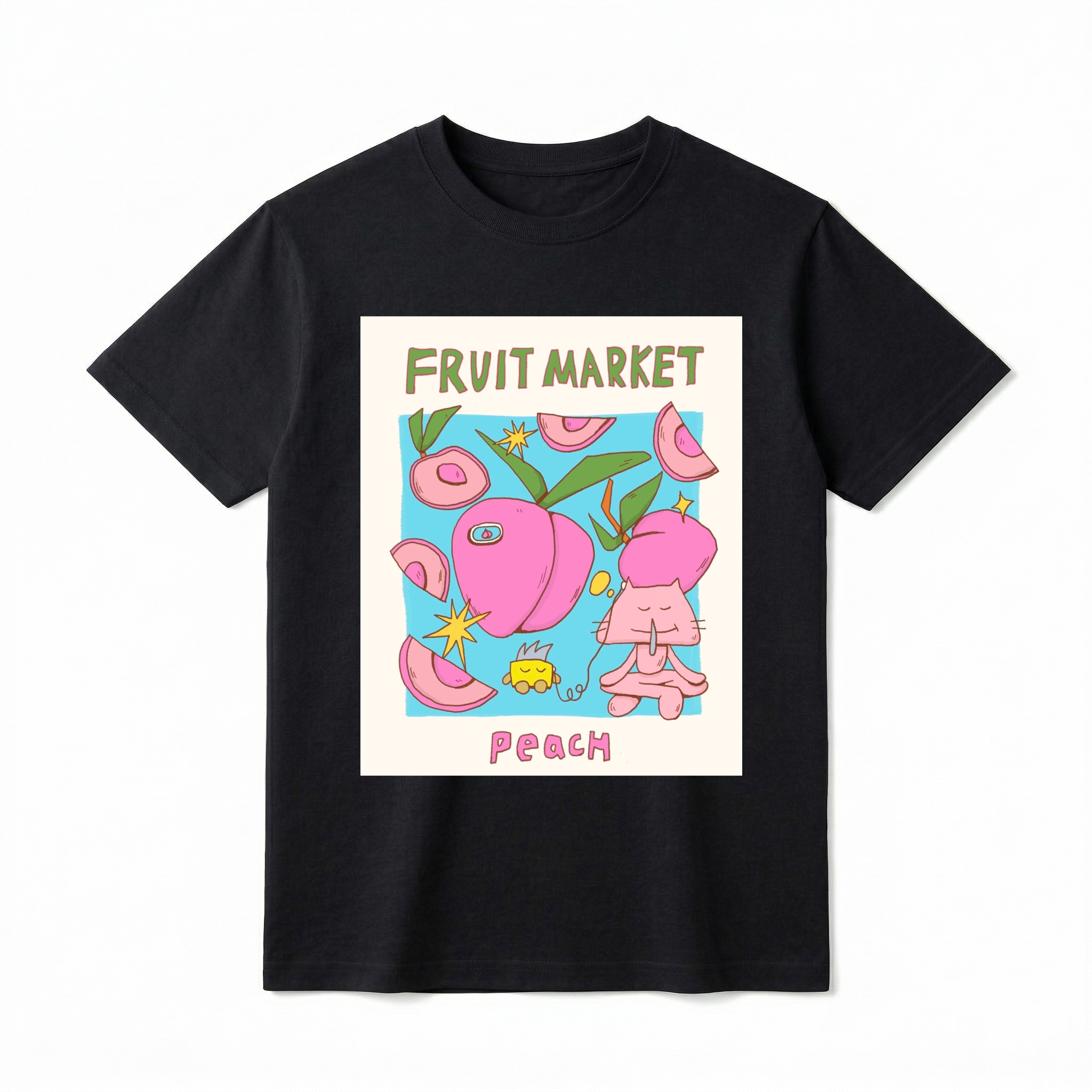 A flat lay of a short-sleeve t-shirt. The center features a colorful graphic with the text "FRUIT MARKET" at the top in green, hand-drawn letters. Below it is a light blue square containing illustrations of pink peaches, peach slices, green leaves, and retro yellow starbursts. In the foreground, a cute pink cartoon cat sits cross-legged, listening to wired earphones connected to a small yellow device. The word "PeACH" is printed at the bottom in bubbly pink text.