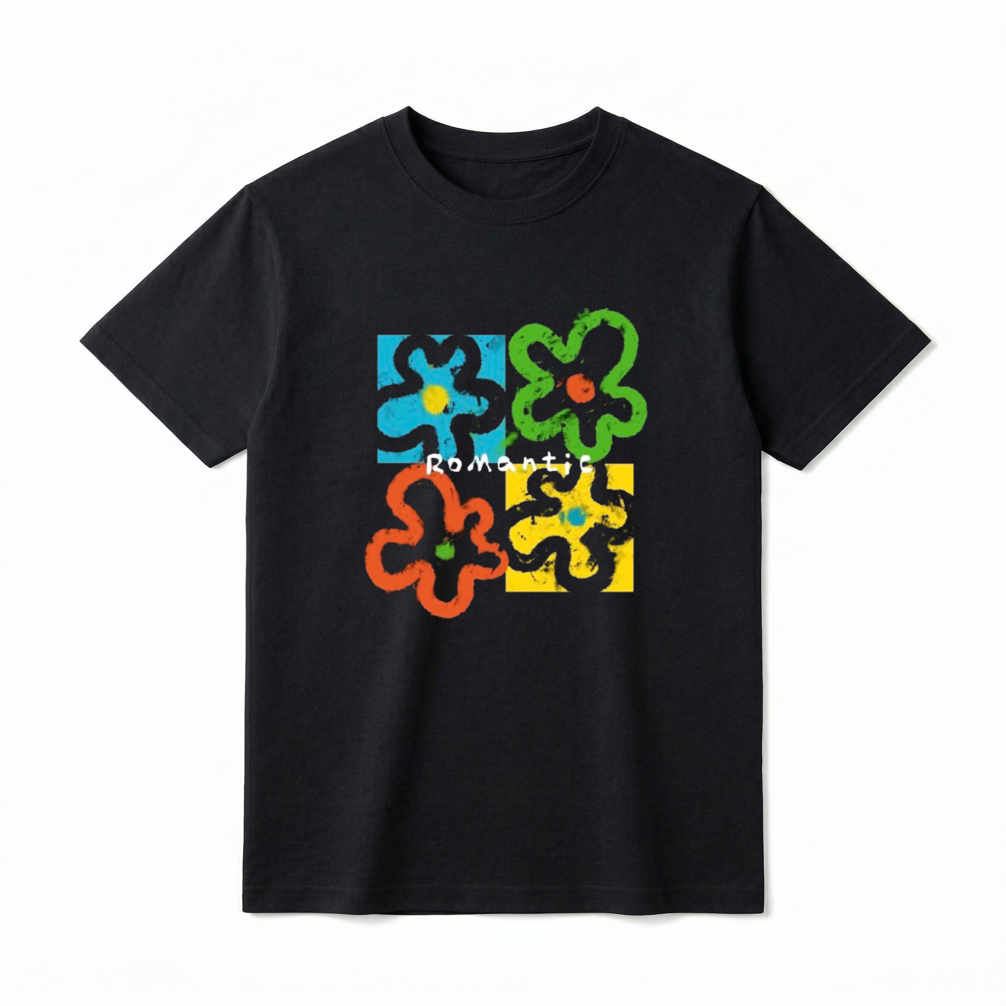 A flat lay of a short-sleeve t-shirt. The center graphic features a colorful, four-panel pop art grid with abstract, chunky flower outlines in blue, green, orange, and yellow. The word "Romantic" is printed directly across the middle of the flowers in a casual black font.