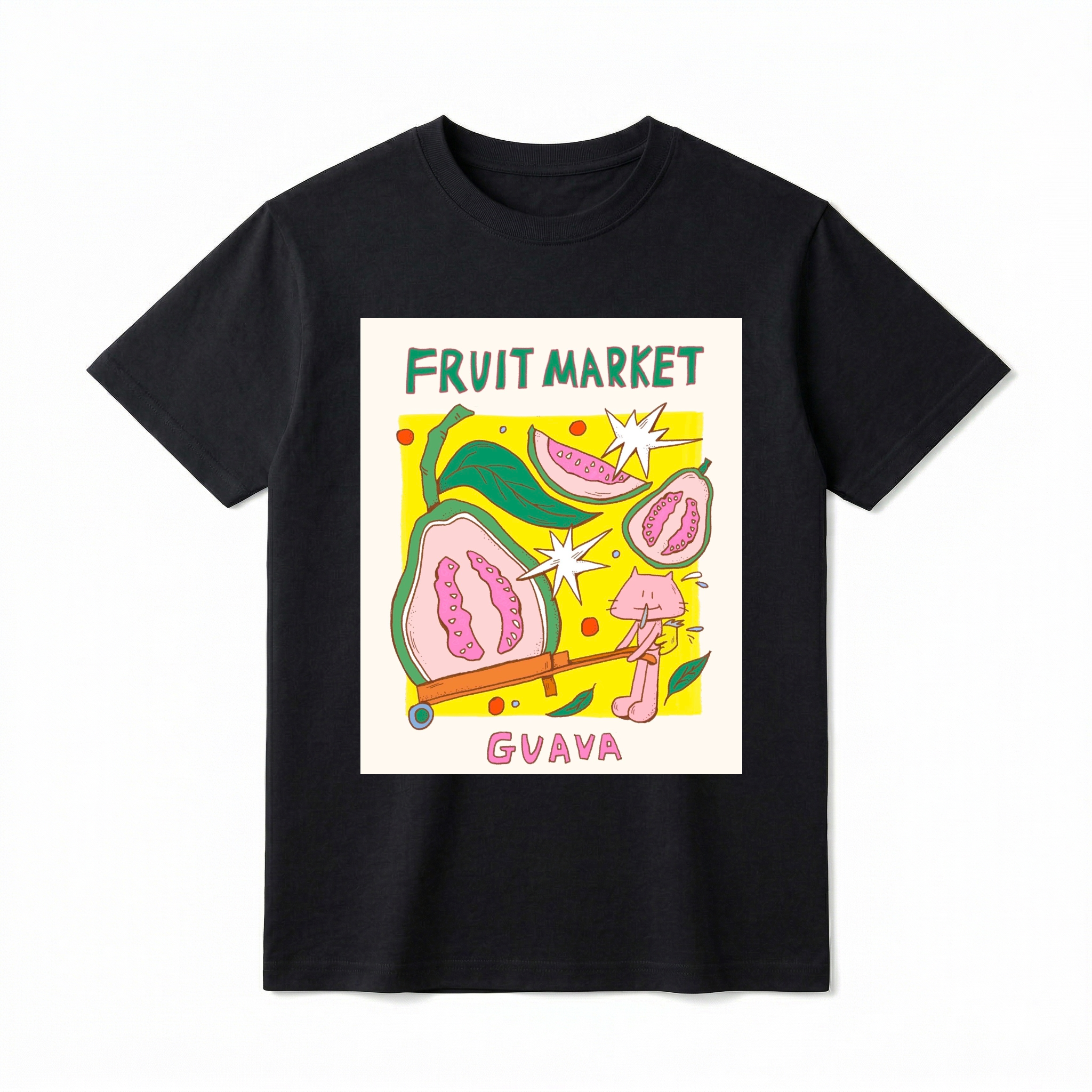 A flat lay of a short-sleeve t-shirt. The center features a colorful graphic with the text "FRUIT MARKET" at the top in green, hand-drawn letters. Below it is a yellow square containing illustrations of pink guavas, green leaves, and retro white starbursts. In the foreground, a cute pink cartoon cat is pushing a large half-slice of guava in an orange wheelbarrow. The word "GUAVA" is printed at the bottom in bold pink text.