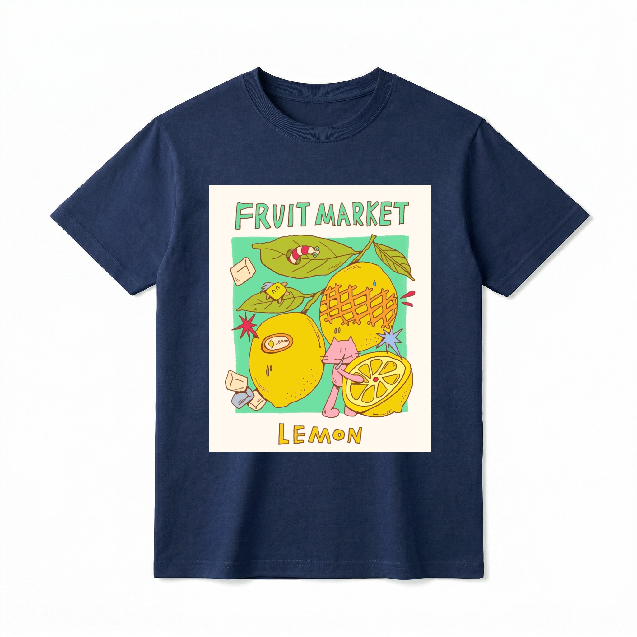 A navy-colored short-sleeve t-shirt. At the top, "FRUIT MARKET" is in hand-drawn blue font. A distressed rectangular graphic panel shows detailed illustrations of two whole lemons and a sliced lemon half. Text below panel reads "LEMON" in hand-drawn yellow-brown font.