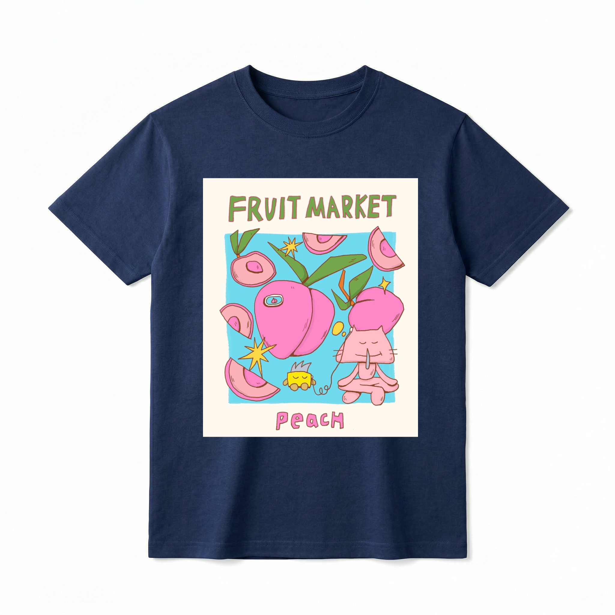 A flat lay of a short-sleeve t-shirt. The center features a colorful graphic with the text "FRUIT MARKET" at the top in green, hand-drawn letters. Below it is a light blue square containing illustrations of pink peaches, peach slices, green leaves, and retro yellow starbursts. In the foreground, a cute pink cartoon cat sits cross-legged, listening to wired earphones connected to a small yellow device. The word "PeACH" is printed at the bottom in bubbly pink text.
