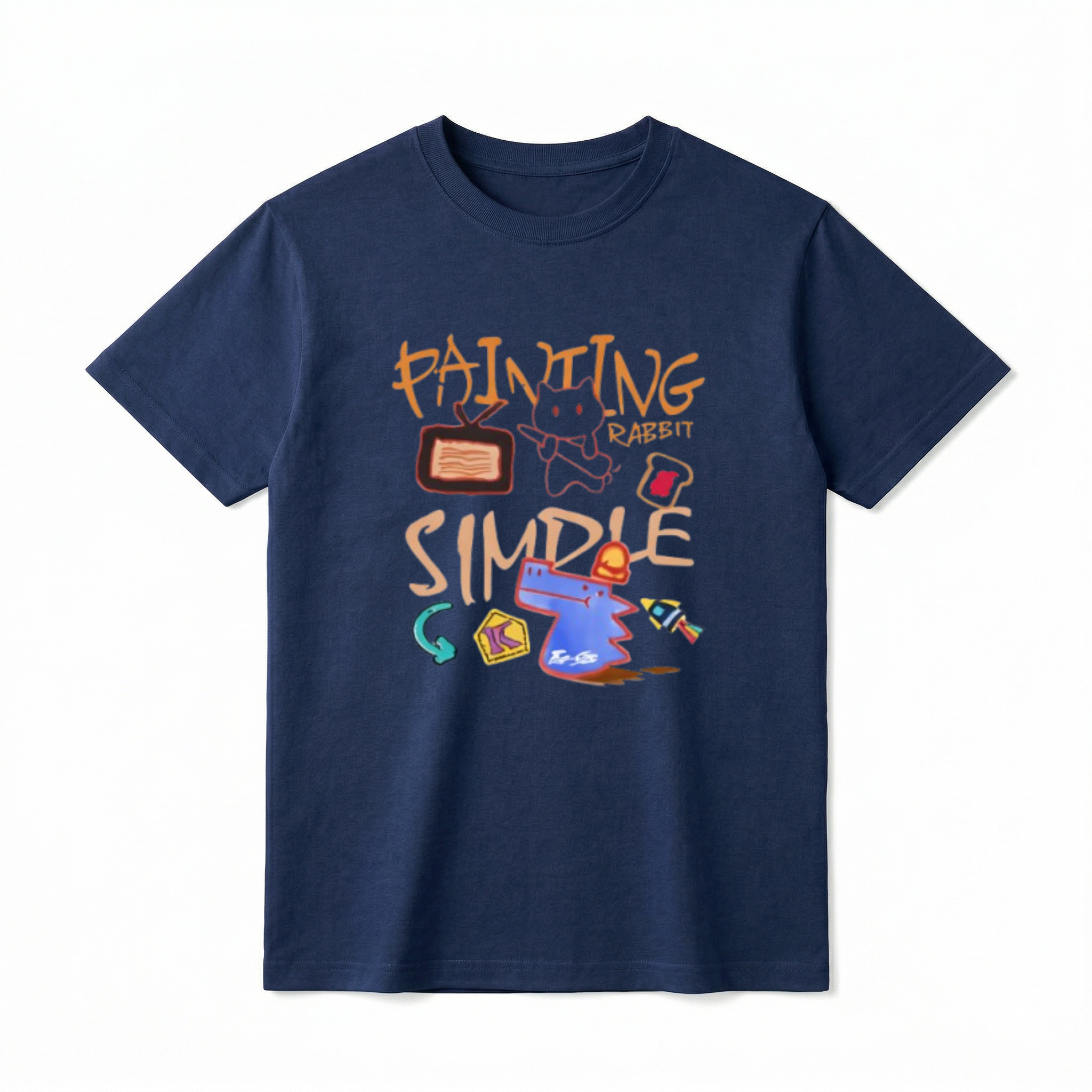 A flat lay of a short-sleeve t-shirt. The center chest features a colorful, chaotic doodle art graphic. The design includes graffiti-style orange text reading "PAINTING", "RABBIT", and "SIMPLE". Scattered hand-drawn illustrations surround the text, including a white rabbit-like figure, a brown retro TV, a piece of toast with red jam, a blue dog or dinosaur head wearing a red hat, a teal curved arrow, a yellow block with the letter K, and a small rocket.