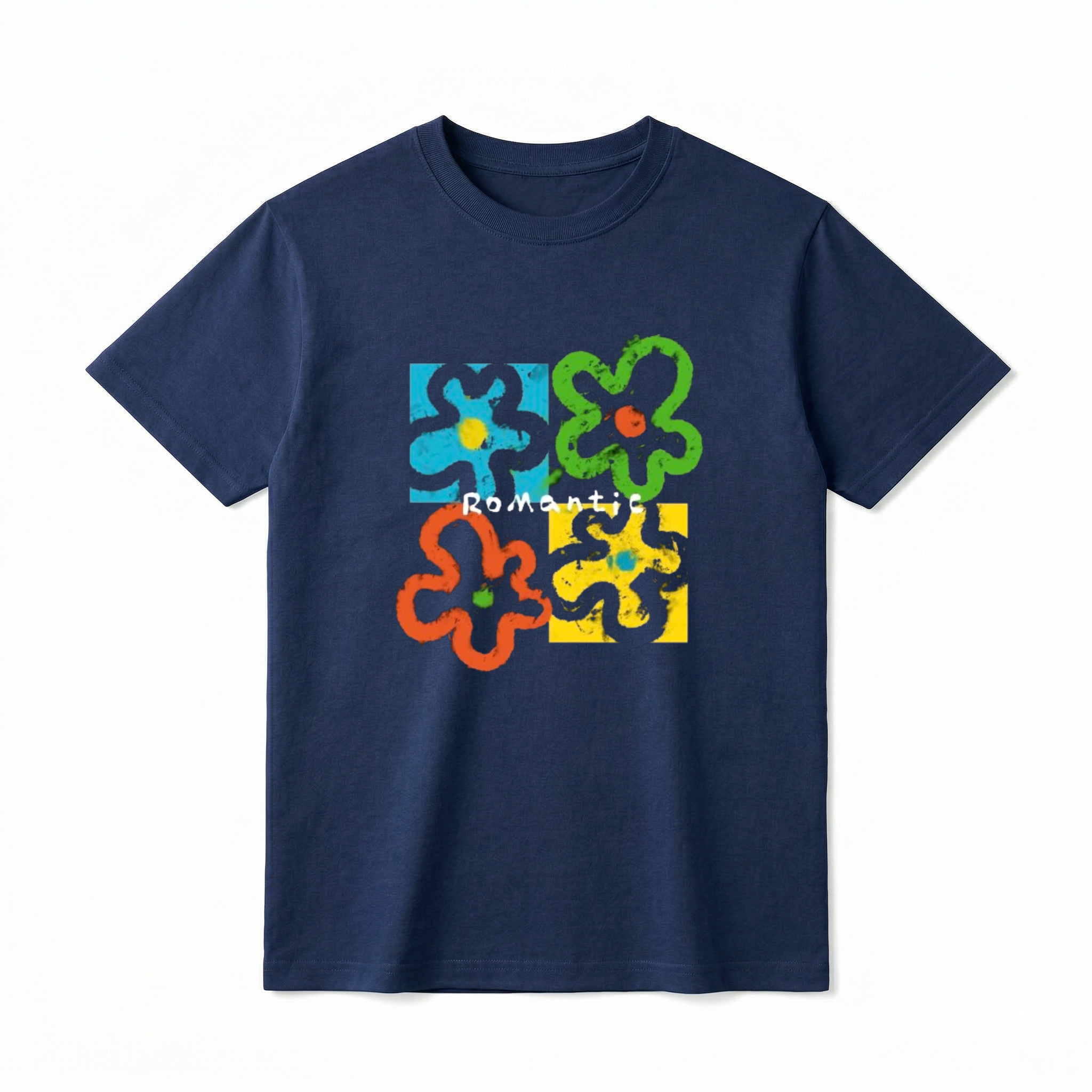 A flat lay of a short-sleeve t-shirt. The center graphic features a colorful, four-panel pop art grid with abstract, chunky flower outlines in blue, green, orange, and yellow. The word "Romantic" is printed directly across the middle of the flowers in a casual black font.