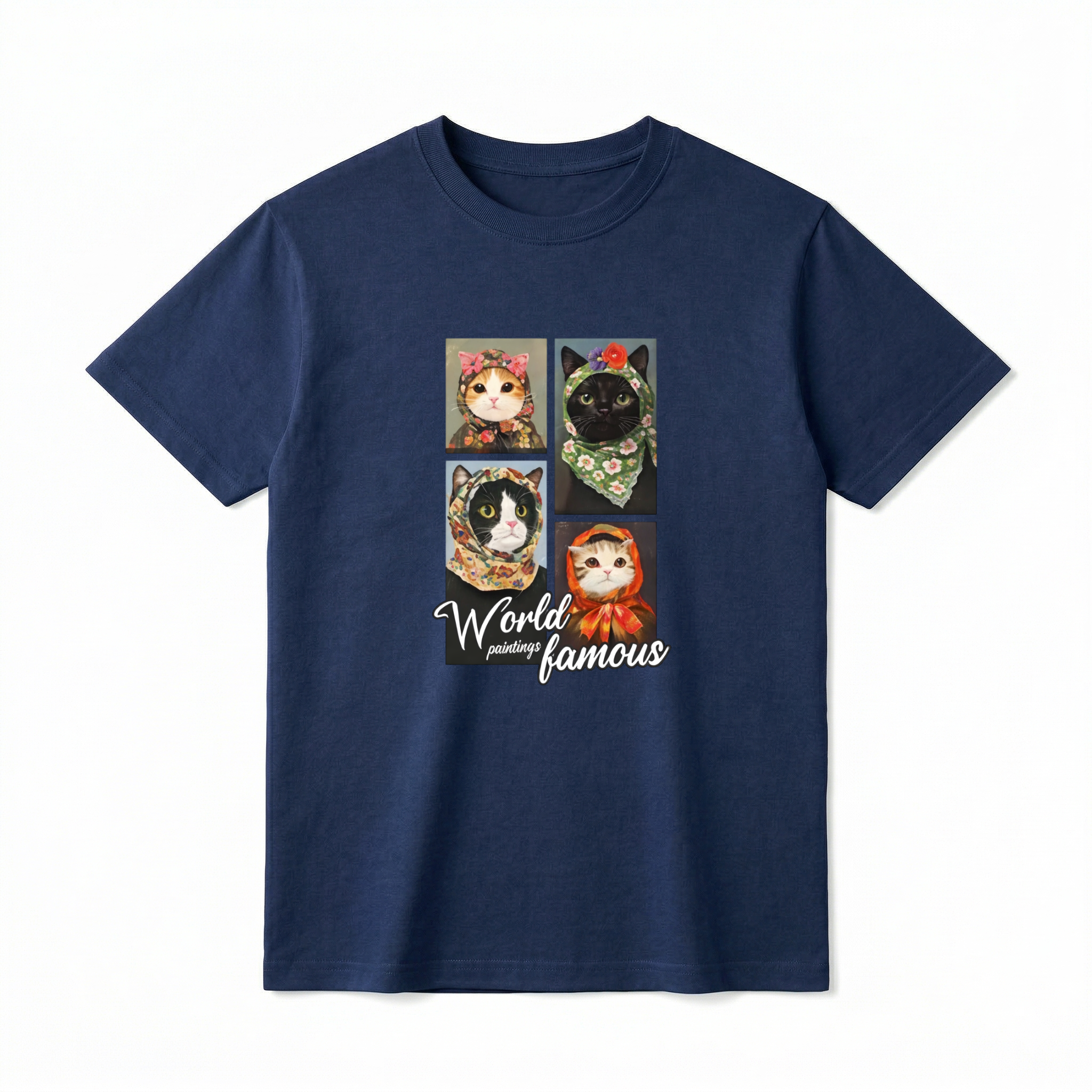 A flat lay of a short-sleeve t-shirt. The center chest features a 2x2 grid of four detailed, painted portraits of different cats (a calico, a black cat, a tuxedo, and a tabby) wearing vintage floral headscarves or babushkas. Below the portraits, the text reads "World paintings famous" in a mix of elegant white script and clean serif fonts.