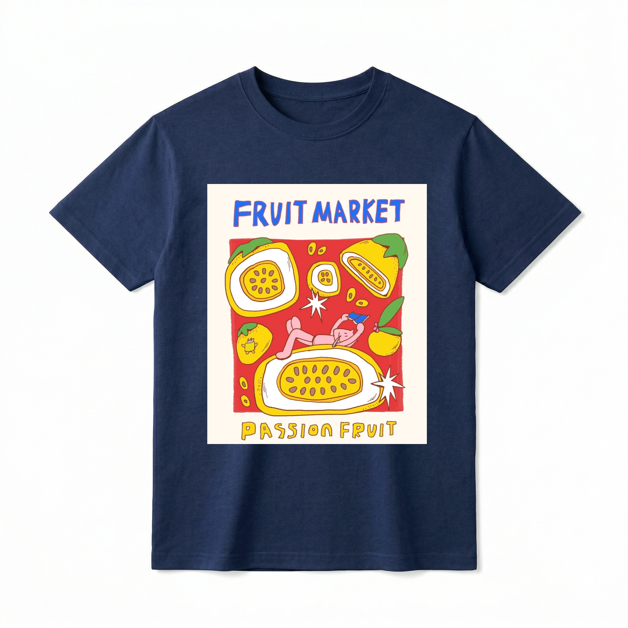 A navy-colored short-sleeve t-shirt with a central graphic. A slightly distressed, rectangular graphic panel with illustrations. At the top, "FRUIT MARKET" is in hand-drawn blue font. The panel shows detailed illustrations of three whole passion fruits and two sliced open passion fruits with visible seeds, complete with a small pink cartoon cat illustration inside the larger fruit. Below the panel, "PASSION FRUIT" is in hand-drawn yellow-brown font.