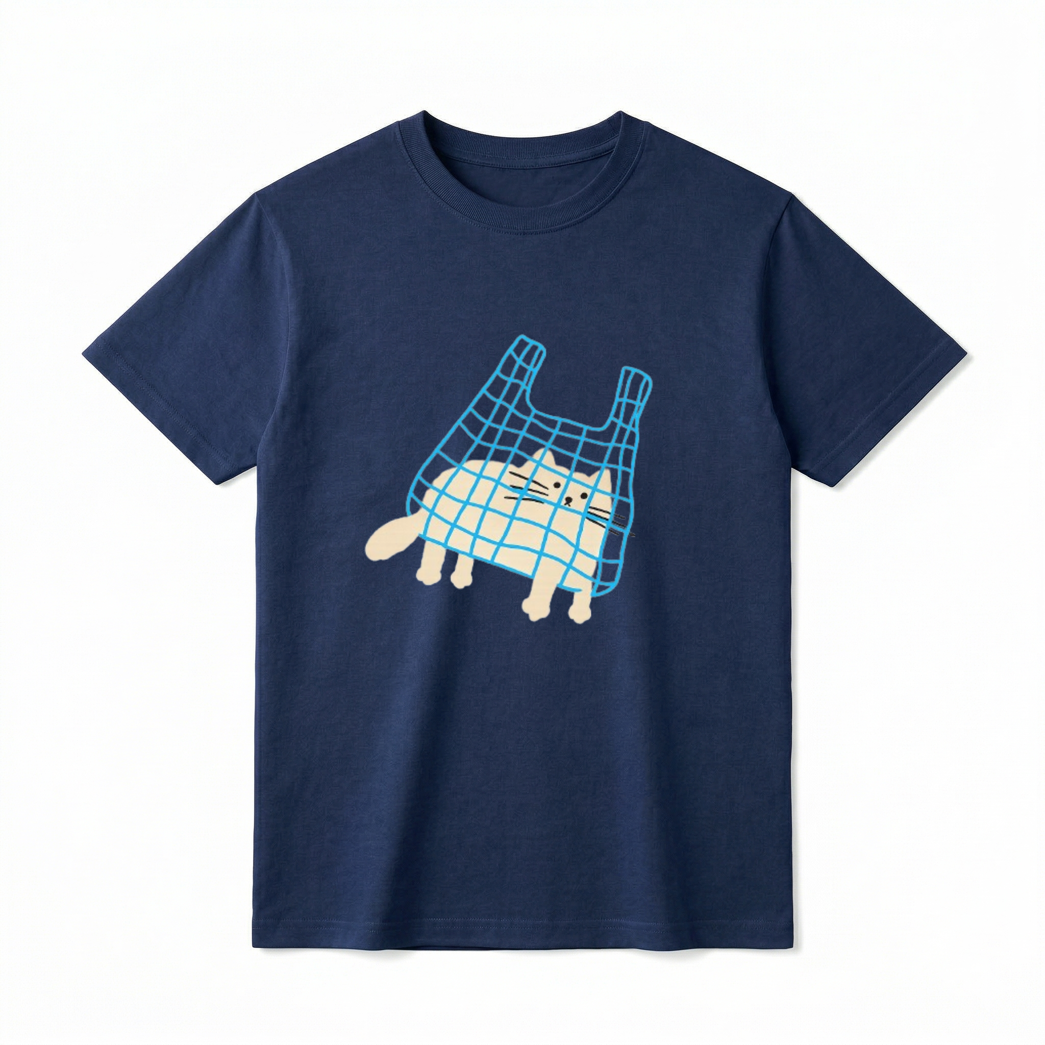 A flat lay of a short-sleeve t-shirt. The center chest features a minimalist, hand-drawn graphic of a light beige cat sitting inside a blue, gridded shopping bag. The cat's paws and tail are poking out of the bottom of the bag, and its face is drawn with simple black dot eyes and straight whiskers.